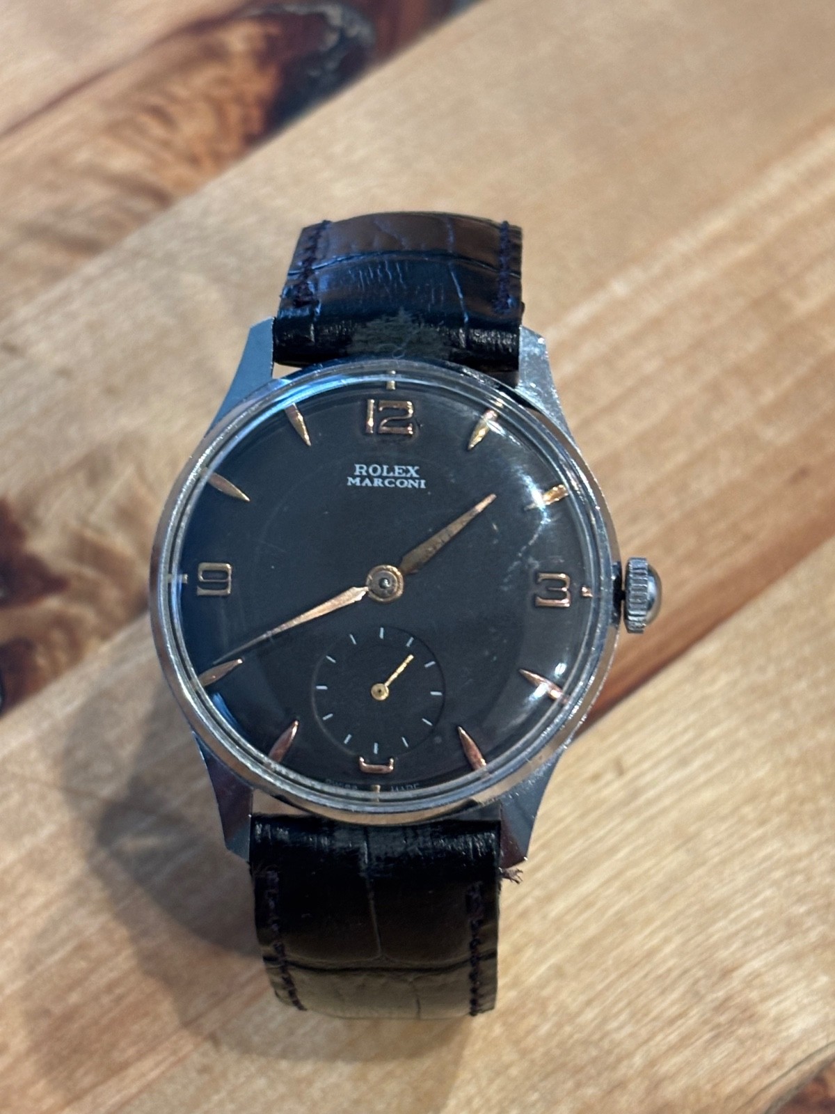 VINTAGE & FINE ROLEX MARCONI HAND WINDING BLACK TONE DIAL 1950's WRISTWATCH !!