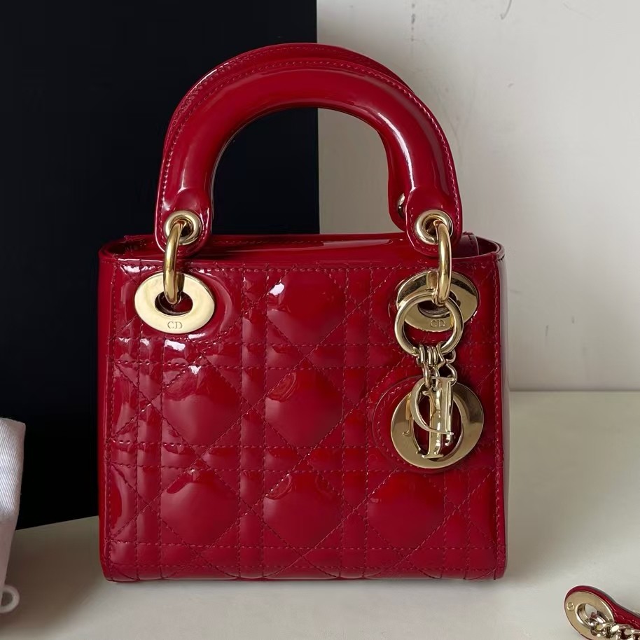 Christian Dior Lady Dior Mini Red Patent Leather Cannage Bag Gold Hardware
