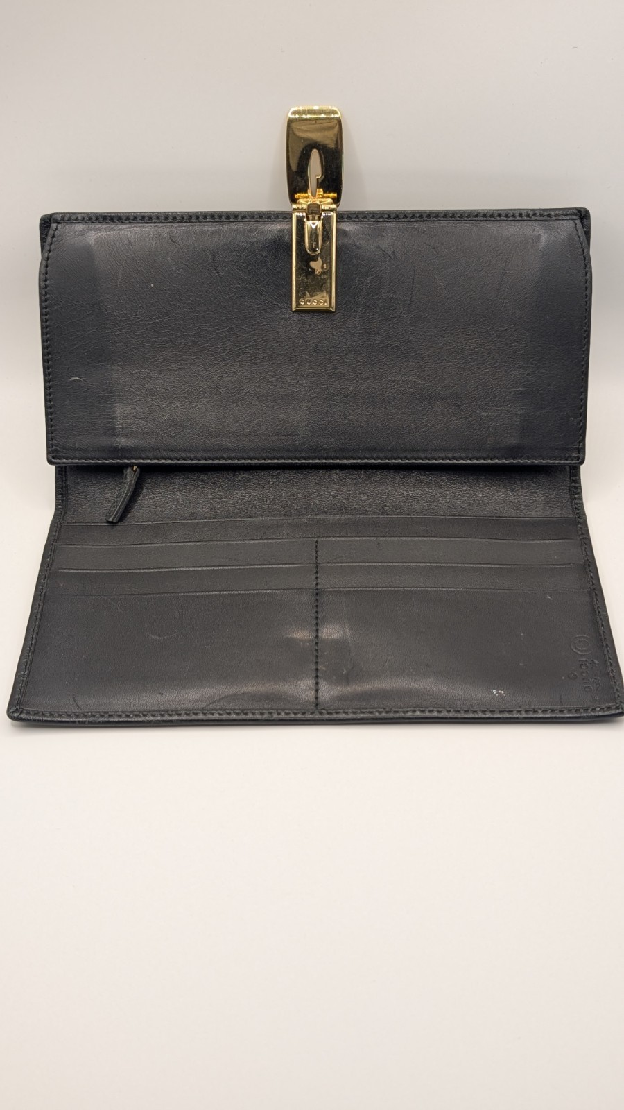 Vintage Gucci G Logo Clip Long Continental Wallet Black Leather