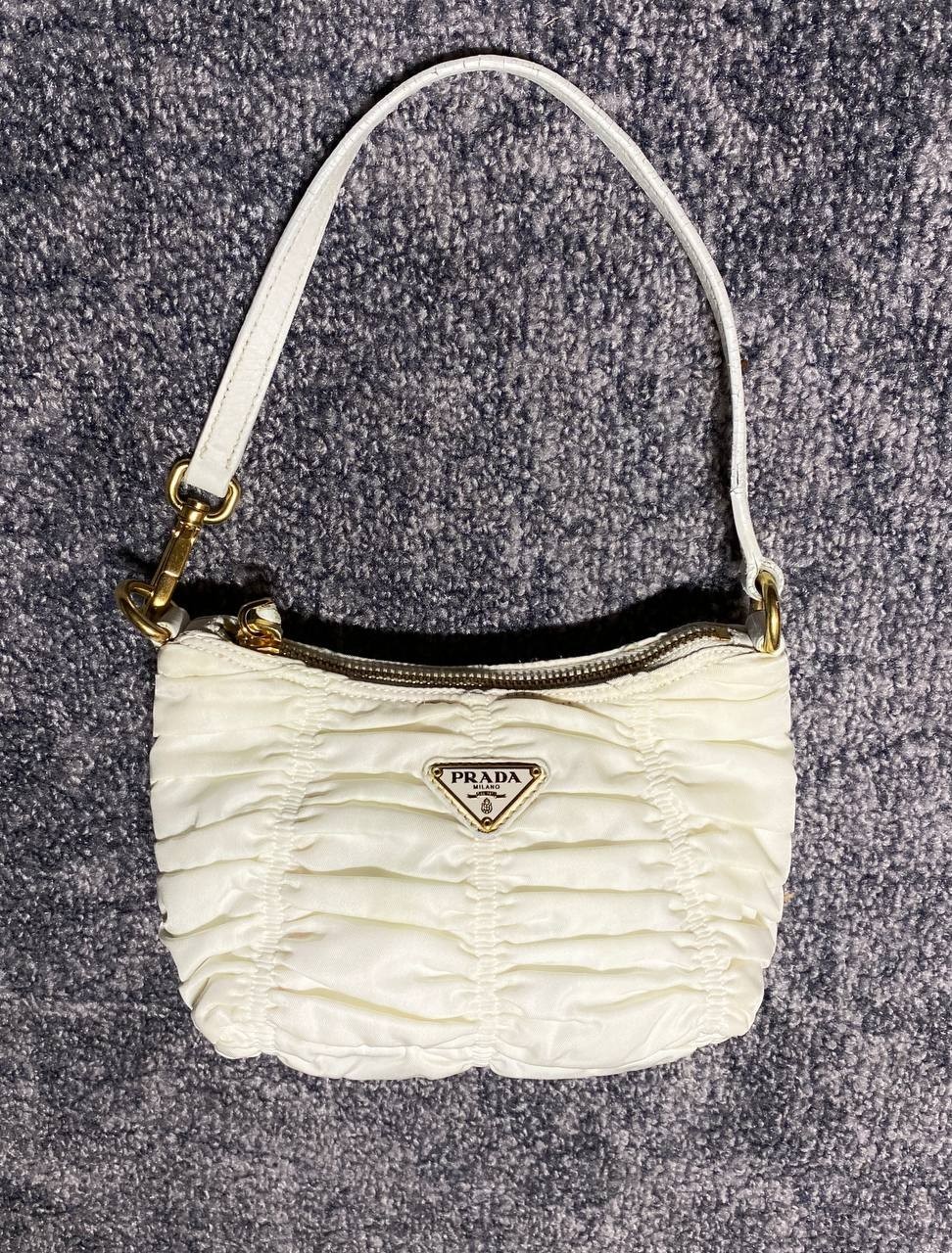 Vintage Prada White Tessuto Ruched Nylon Shoulder Bag Mini Handbag Gold Hardware
