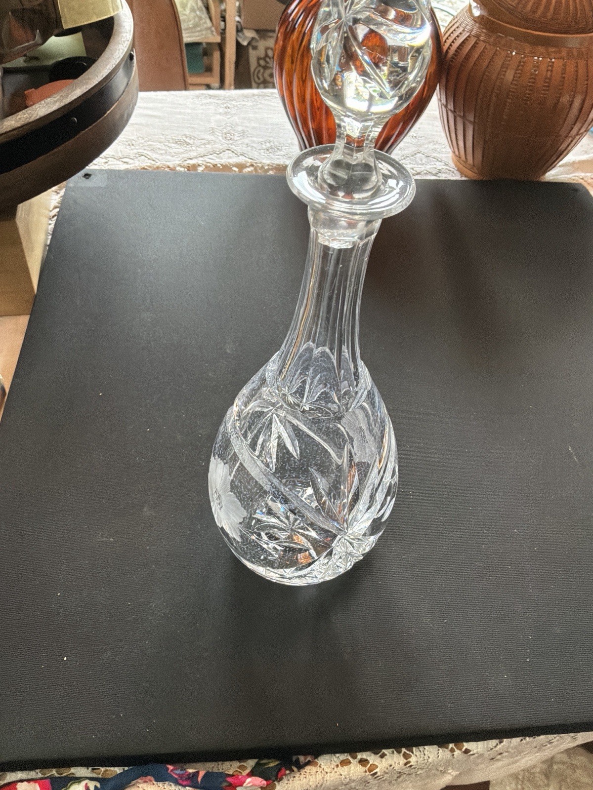 Vintage Cut Crystal Wine Decanter Etched Floral Flower Pattern with Stopper 11"