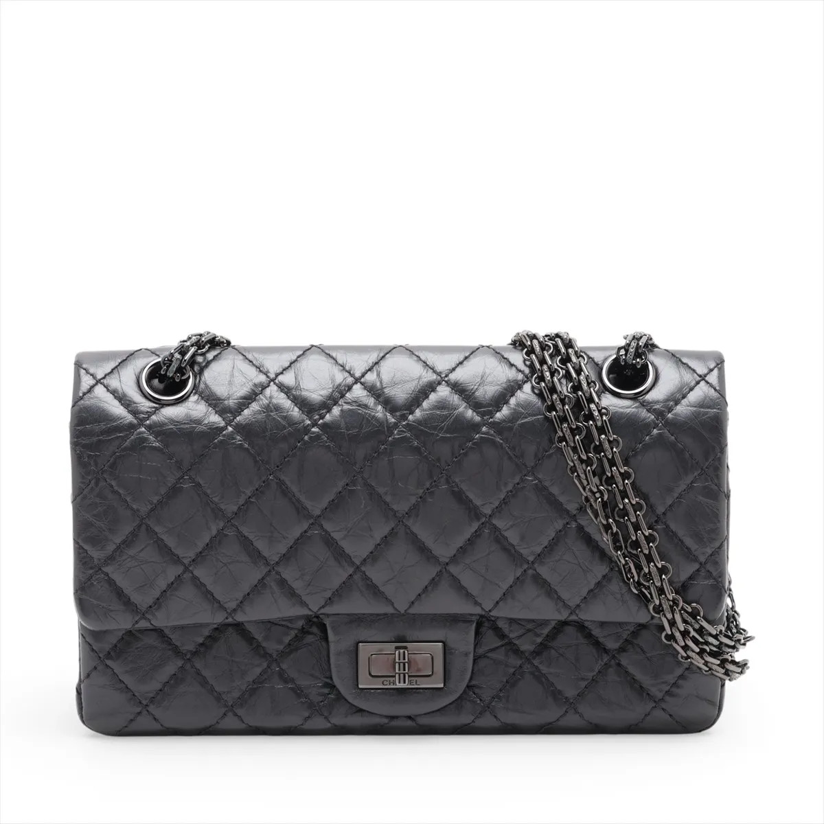 Chanel Matelasse 2.55 Vintage calf Double Flap Double Chain Bag Black Black Meta