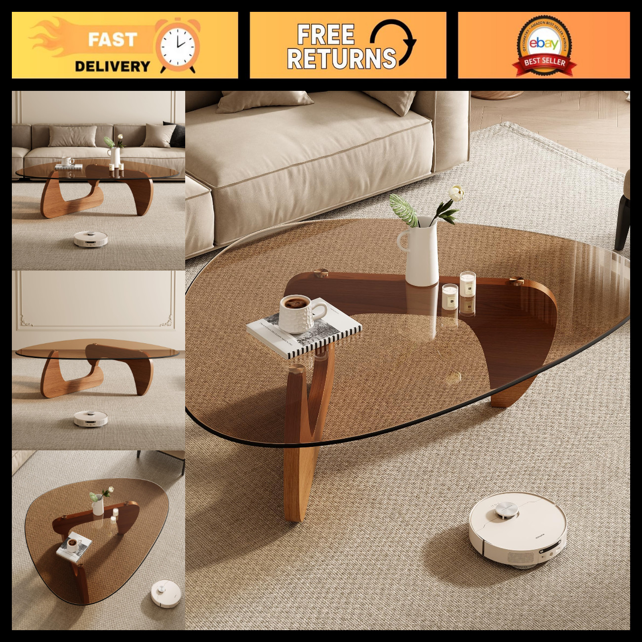 Mid Century Modern Triangle Coffee Table - Tempered Glass & Solid Wood Base, Wal