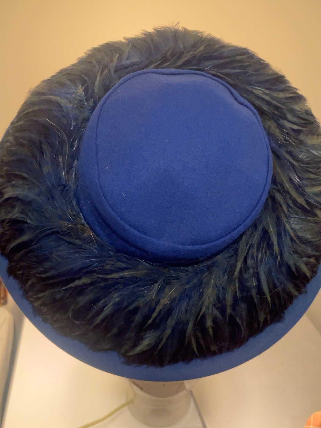 Vintage Navy Blue Felt Women's Hat with Black Feather Trim Wide Brim
