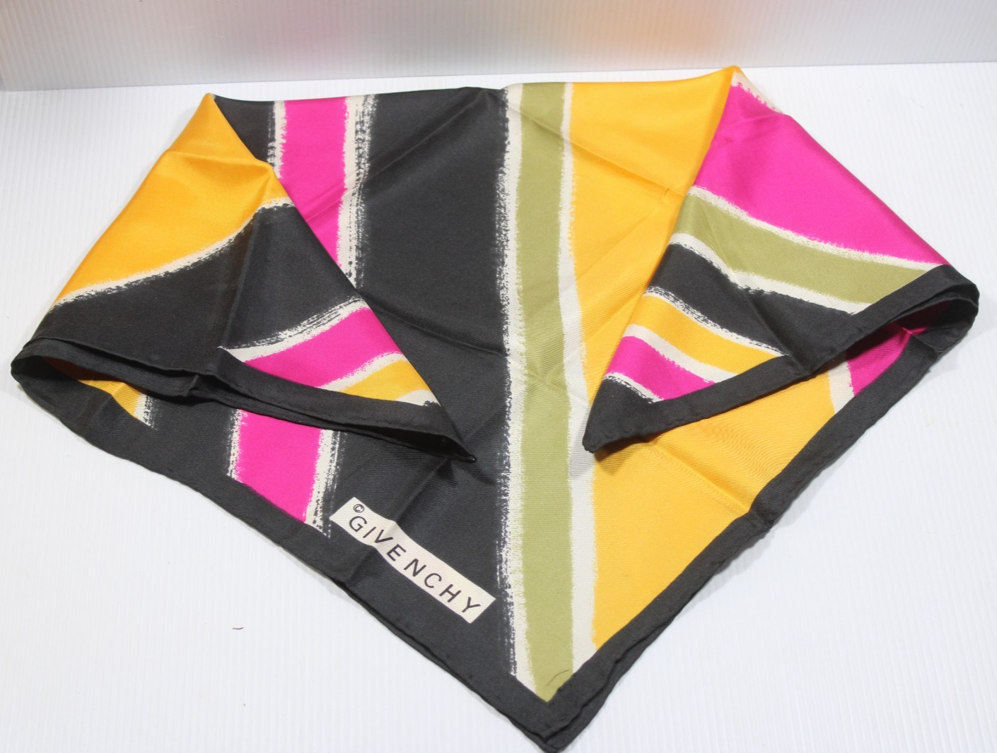 Vintage Givenchy 80s Silk Square Scarf Black Pink Yellow 23" Designer Scarf #378