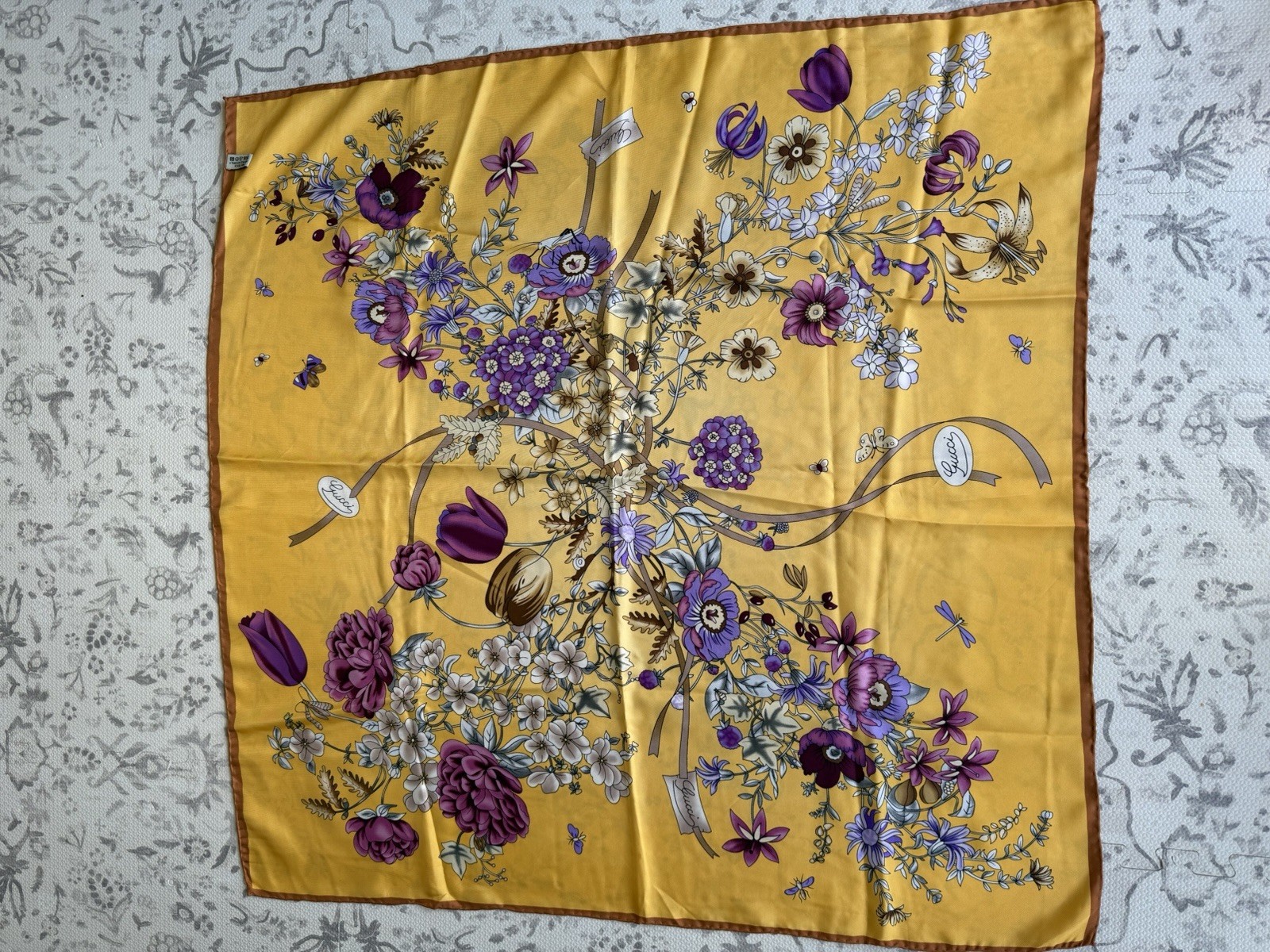Vintage Yellow Floral Gucci Silk Scarf