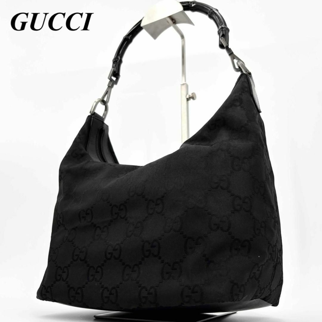 GUCCI One Shoulder Bag Hobo Bamboo GG Monogram Black Vintage Auth From Japan FS