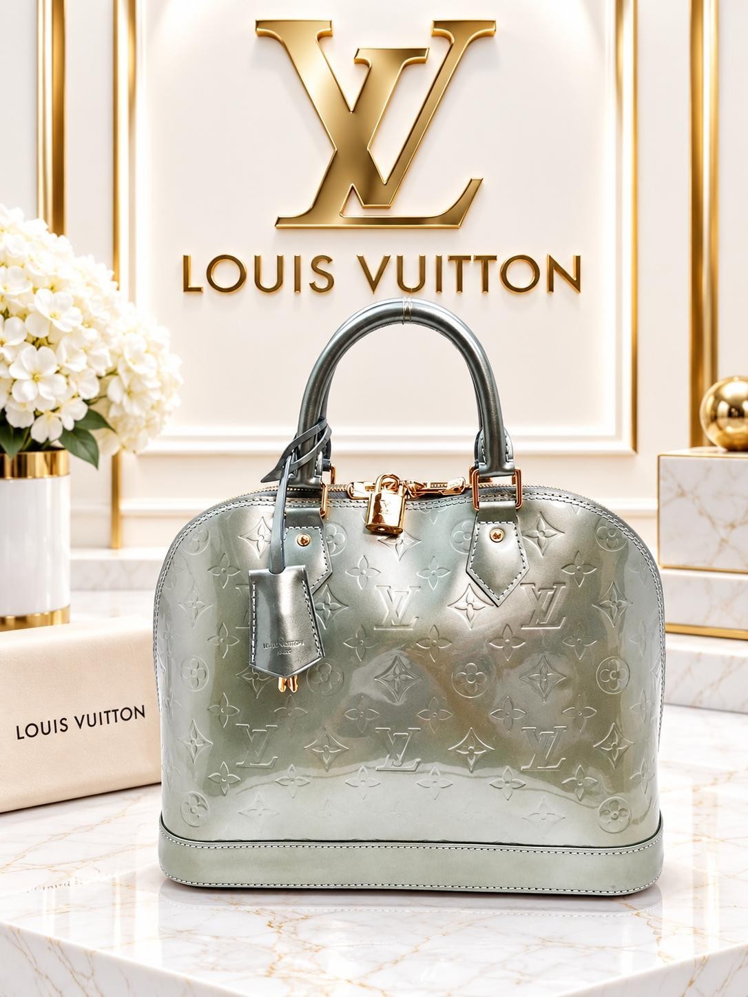 Authentic Louis Vuitton Alma PM Vernis Leather Green LV Satchel Handbag