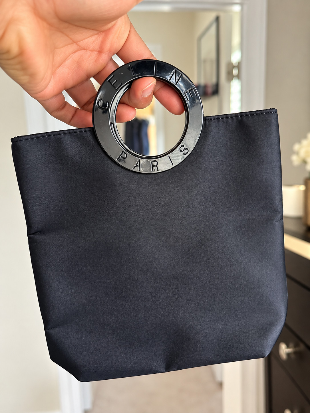 Vintage CELINE Paris Black Nylon Circle Ring Handle Mini Tote Bag Rare Y2K