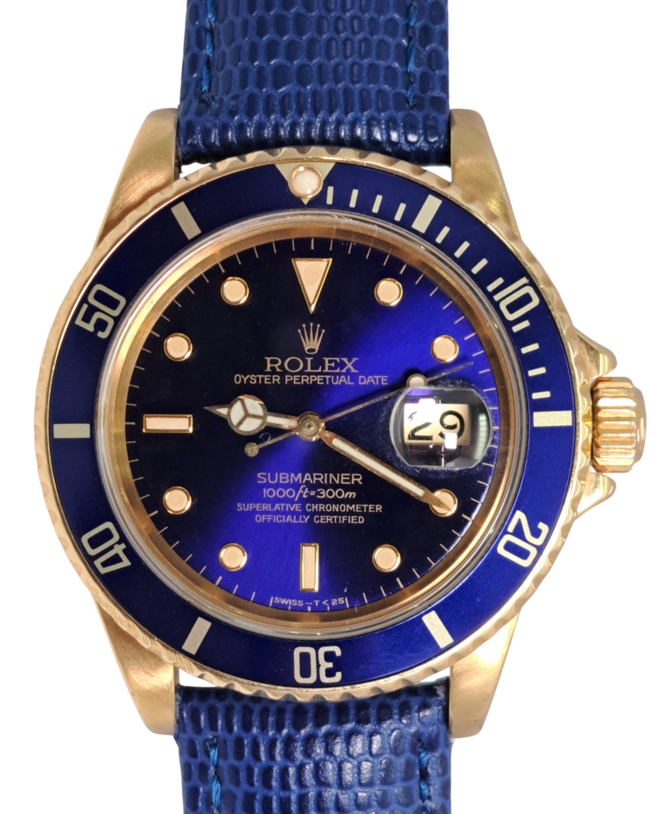 Vintage 18k Gold Rolex Submariner 16808 Blue on Blue Mens Running Wrist Watch