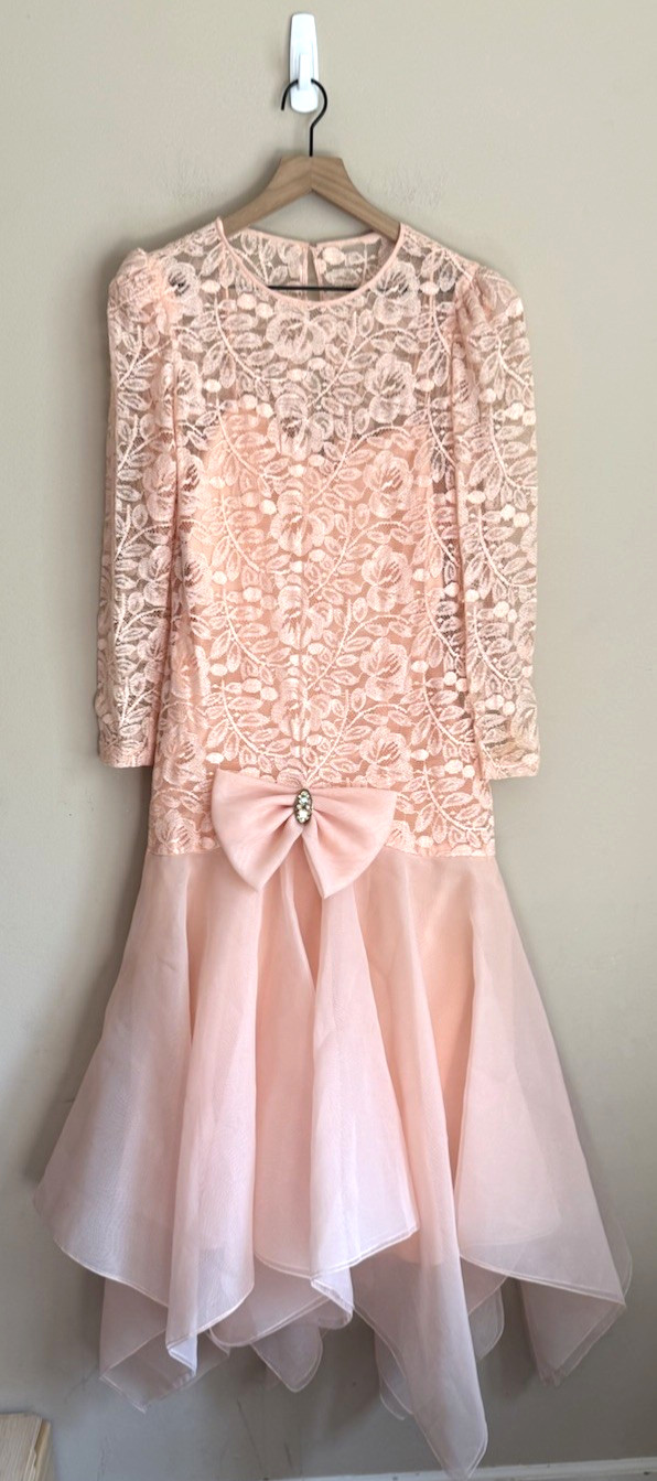 Vintage Dress Cocktail 80s 90s Lace Womens Size 10 Handkerchief Hem Flounce