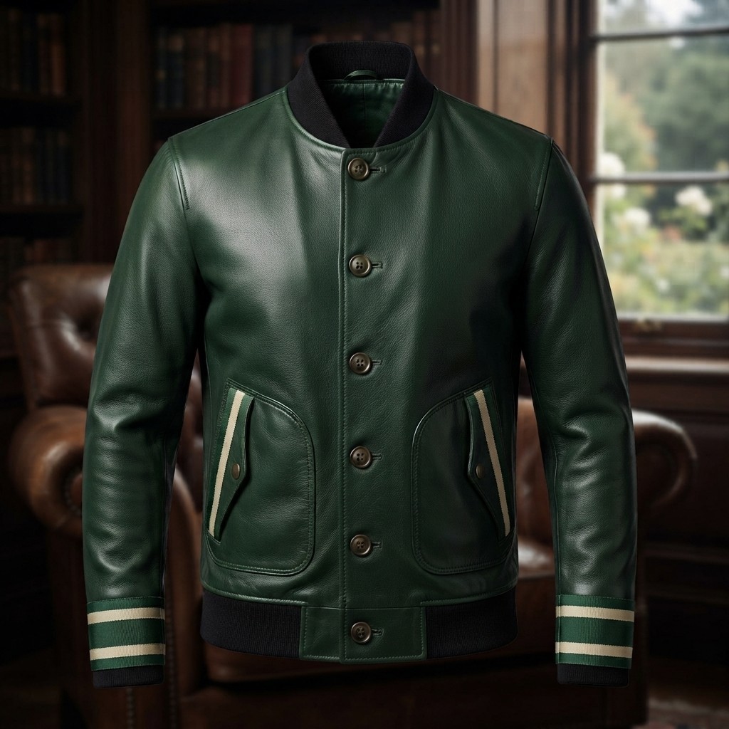 Men's Green Leather Bomber Jacket Vintage Flight Coat Button Front Ribbed Collar
