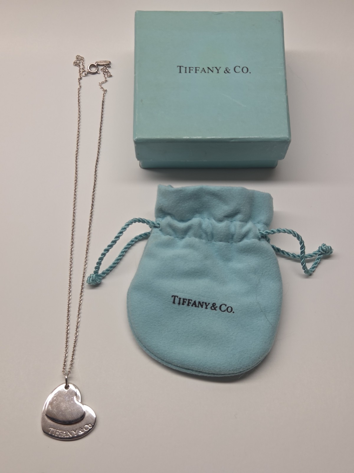 Vintage Authentic Tiffany & Co. Double Heart Tag Necklace 18.3" Silver 925 Pouch