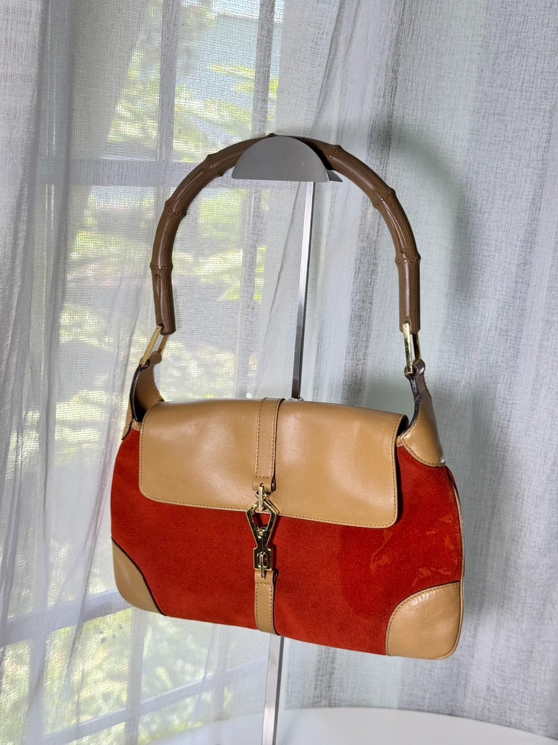 Authentic Gucci Vintage Orange Suede Leather Jackie Shoulder Bag Bamboo Handle