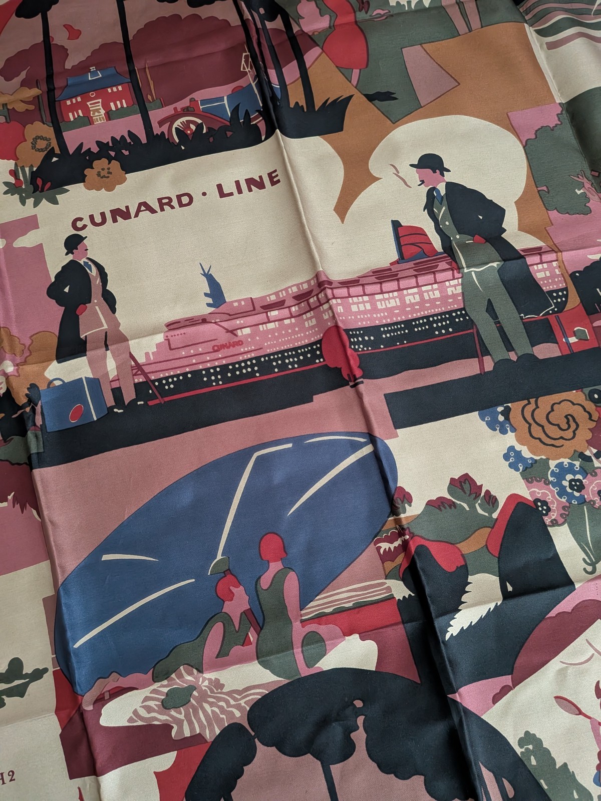 Vintage Liberty London Silk Scarf-Art Deco Travel Themed-Cunard-34in Square