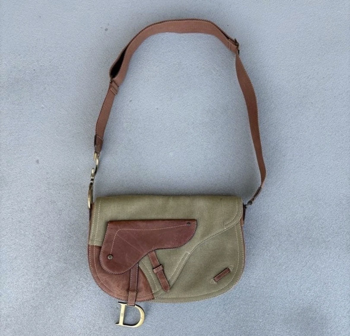 Christian Dior Galliano Era Saddle Canvas Shoulder Bag Khaki Vintage Used