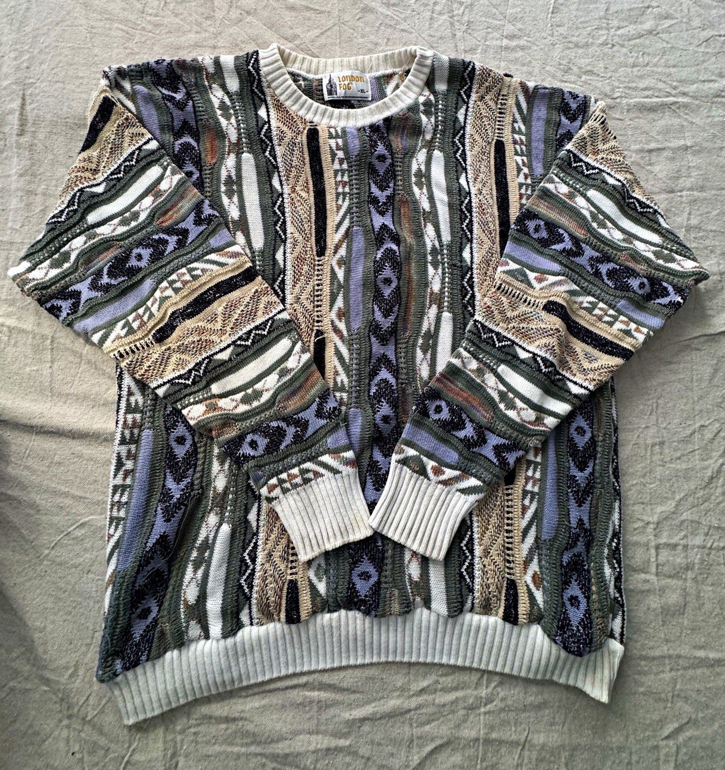 Vintage 90s London Fog Coogi Style 3D Knit Sweater XL USA Made Geometric