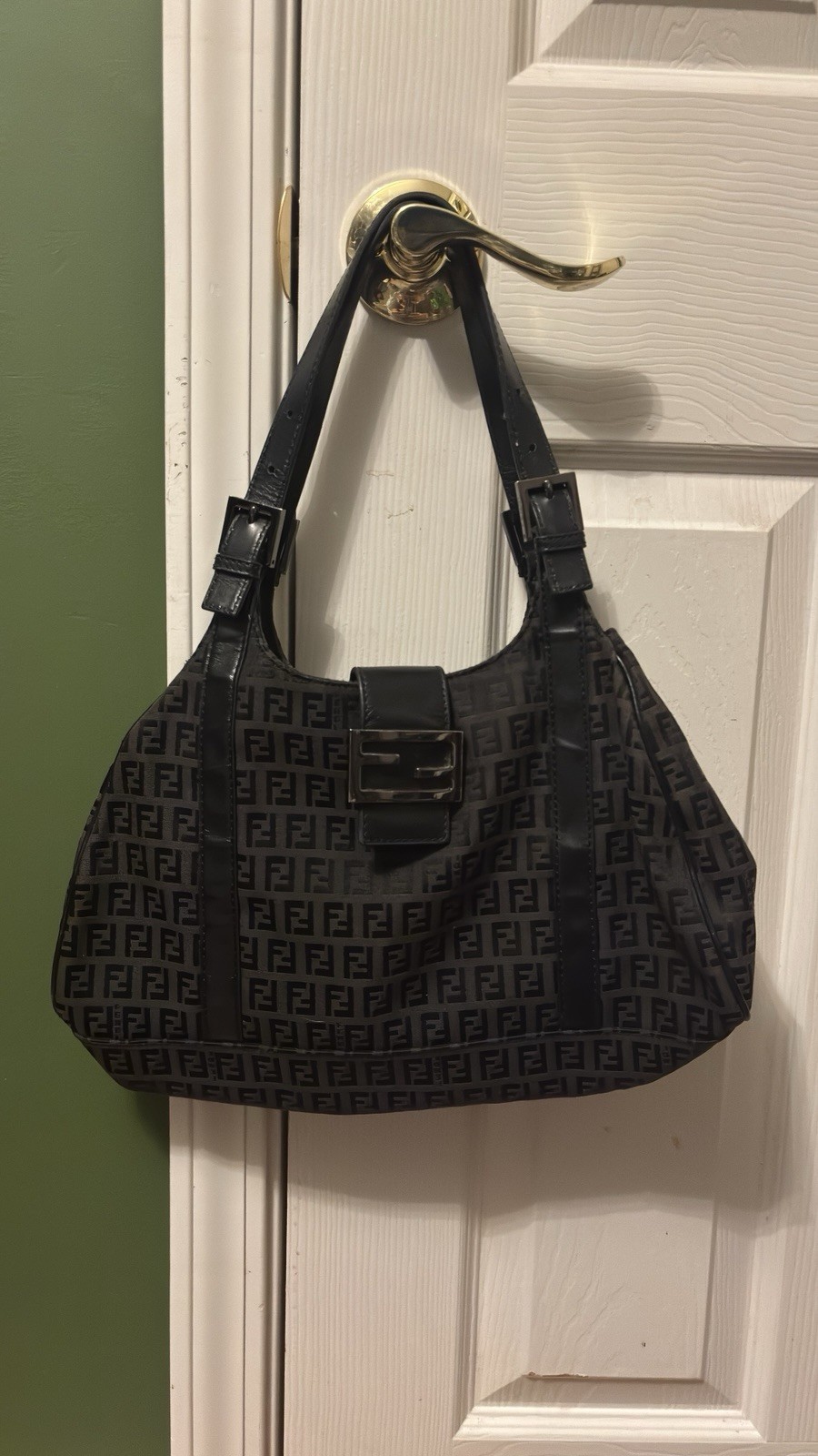 Vintage Fendi Zucca Monogram Black Canvas Leather Shoulder Bag FF Logo