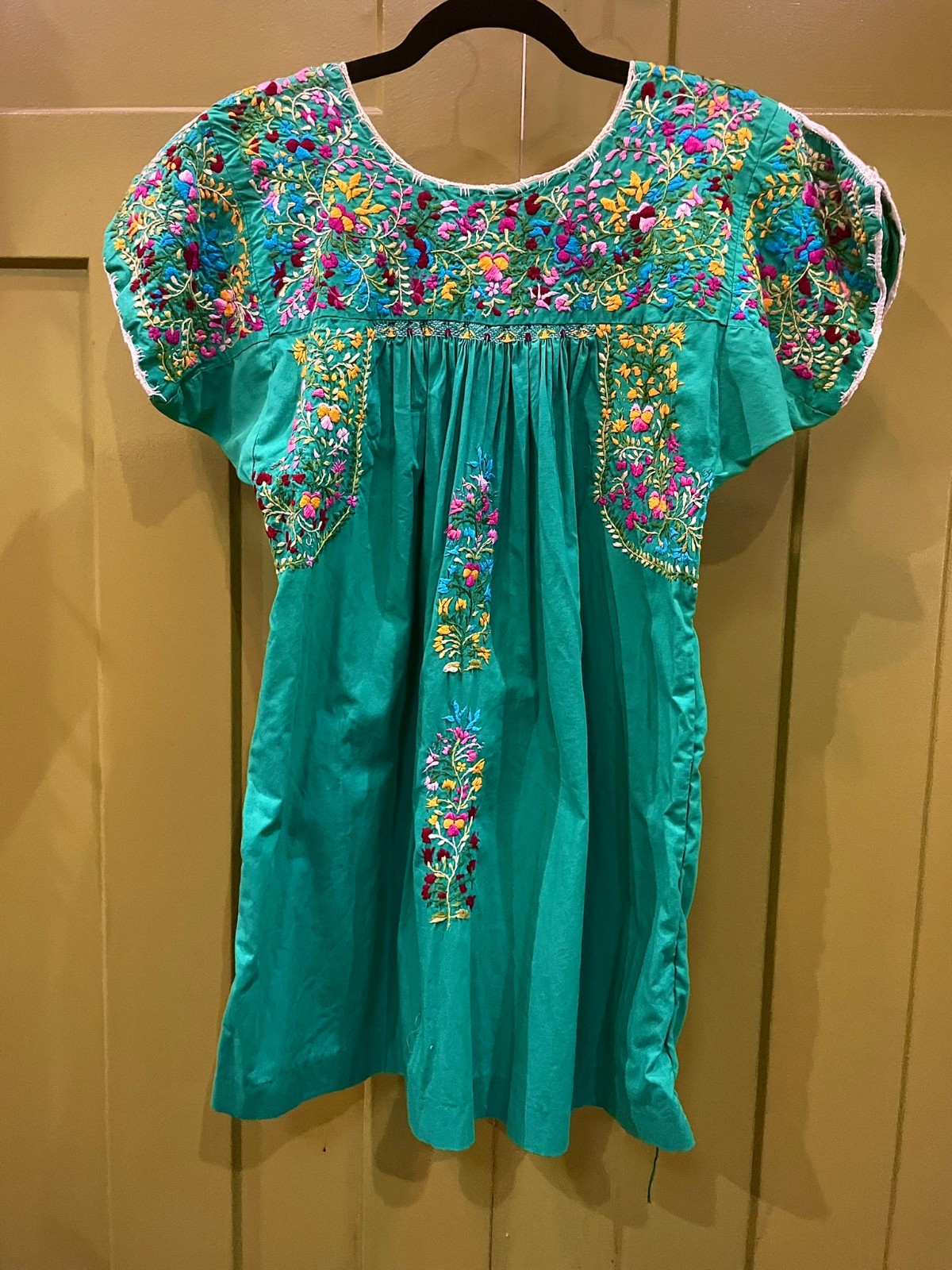 Vintage 70s Mexican Oaxacan Embroidered Green Cotton Peasant Dress - Small