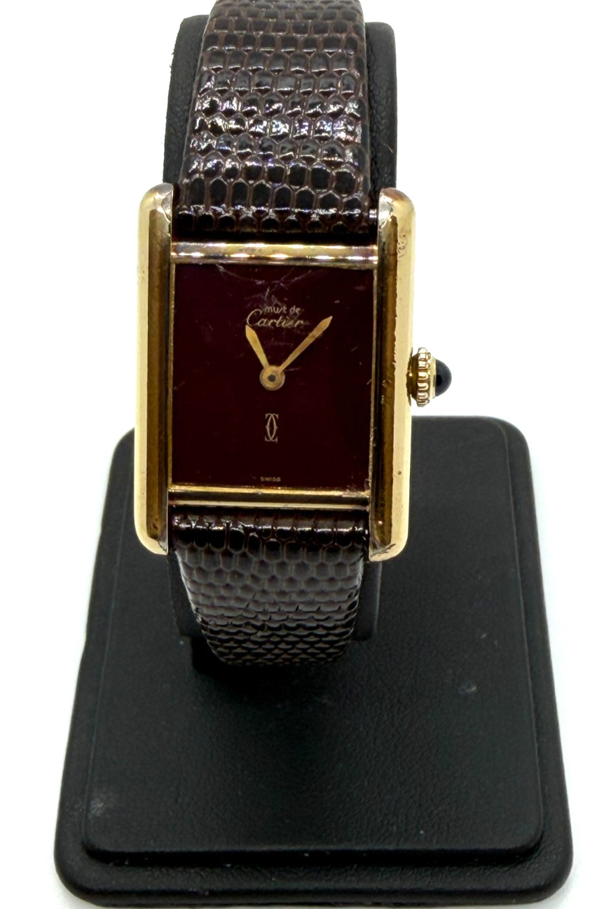 Vintage Cartier 'Must De' 925 Vermeil 24mm Burgundy Mechanical Watch