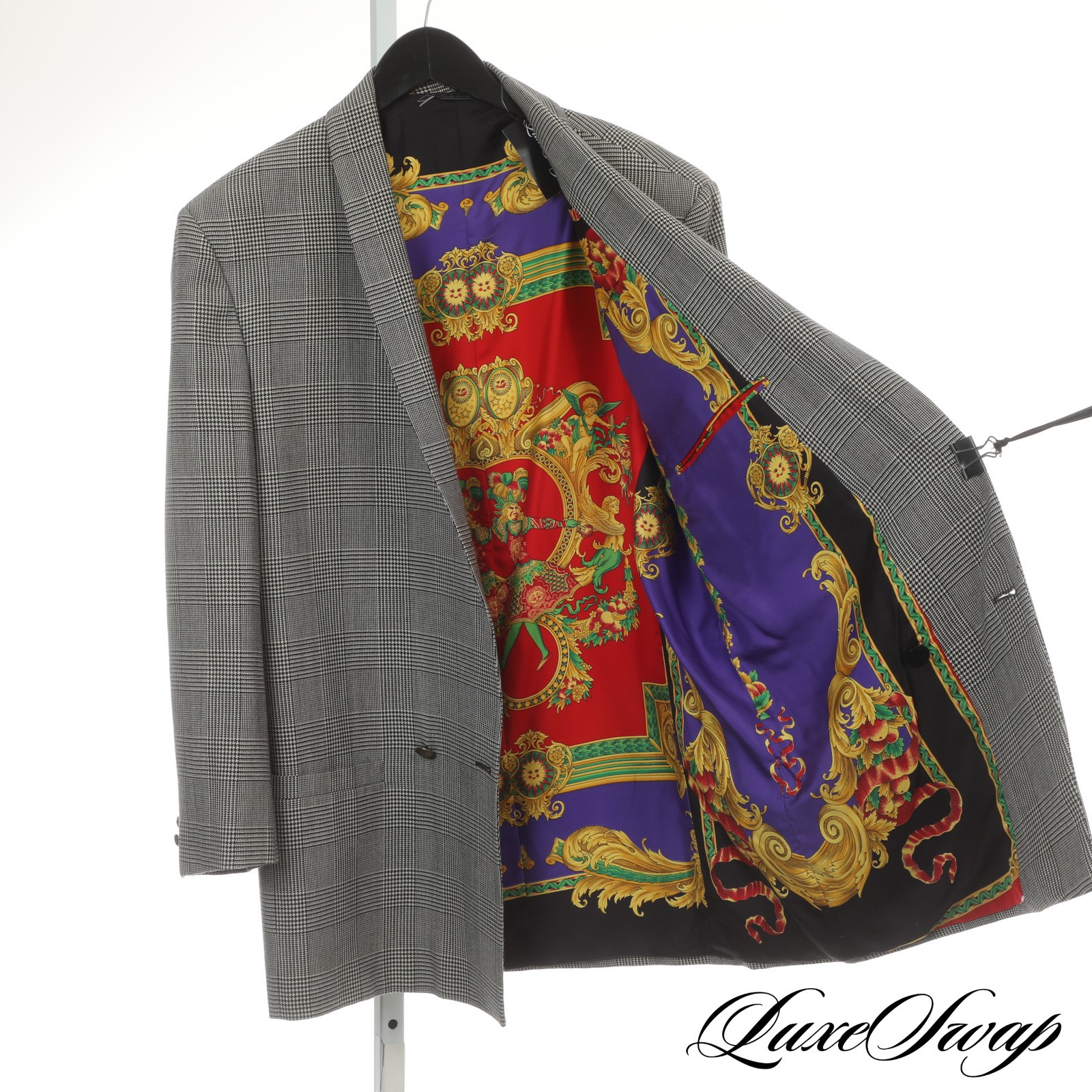 INSANE Vintage Gianni Versace Plaid Le Roi Soleil Silk Scarf Lined Jacket 50
