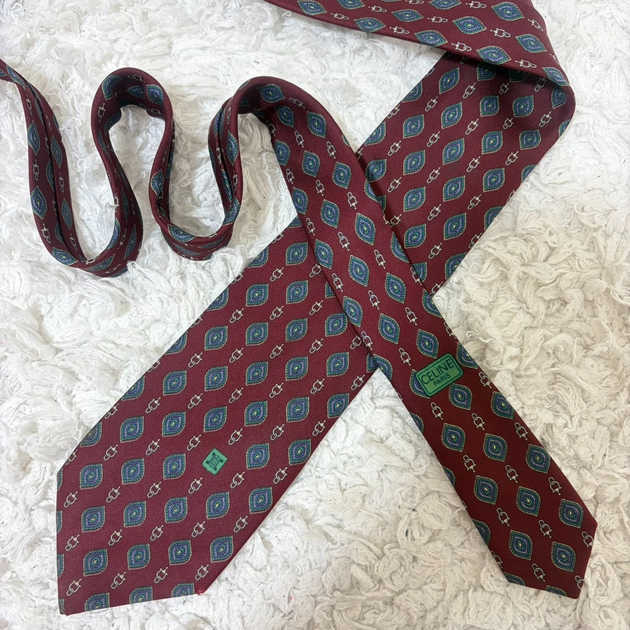 CELINE Silk Necktie Triomphe Macadam Chain All-over Brown Vintage 100% Silk