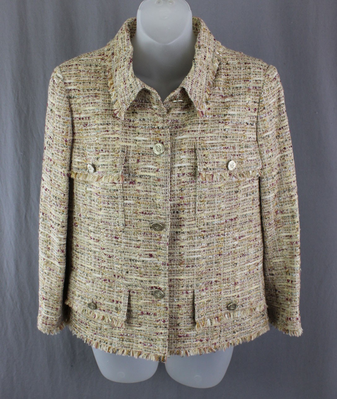 Chanel Auth Vintage Beige Brown Fantasy Tweed Fringe Jacket Blazer FR 40 US 8