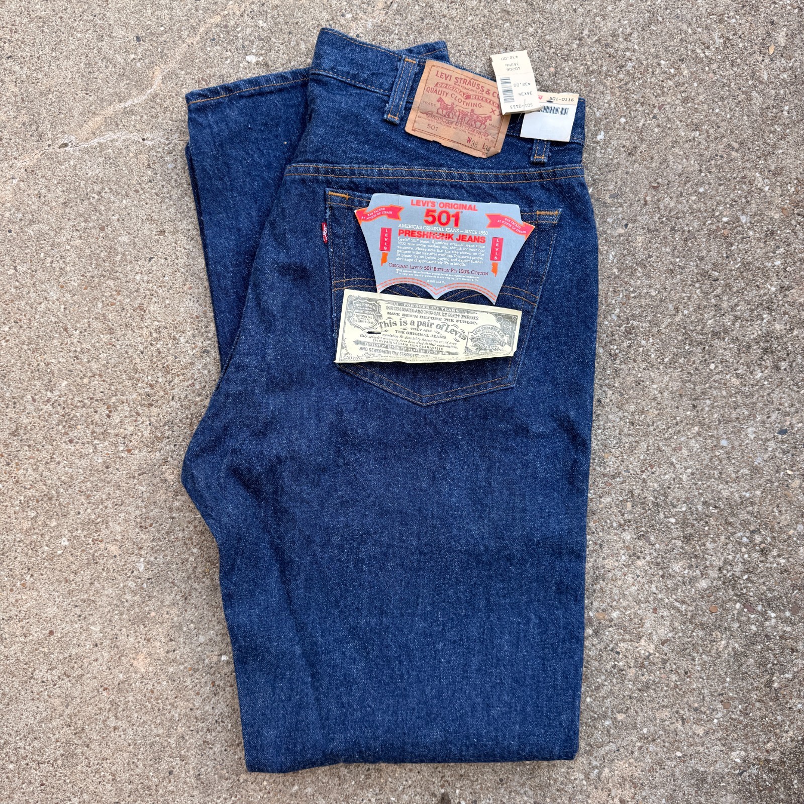 Vintage 80s Levis 501 Deadstock Blue Button Denim Made USA Jeans 38x34
