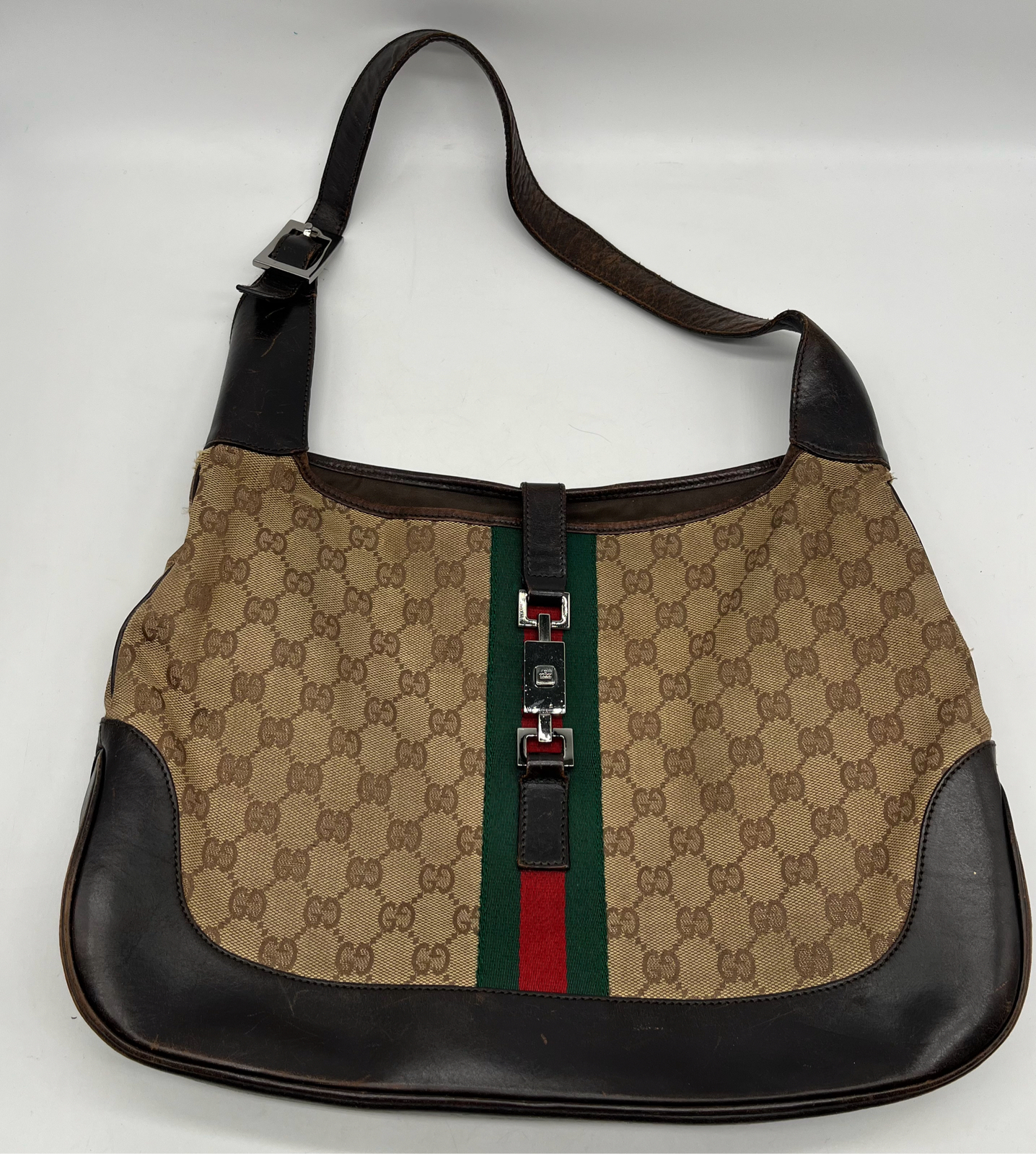 Gucci VINTAGE Jackie Brown Leather-Trim GG Monogram Print Shoulder bag DAMAGED