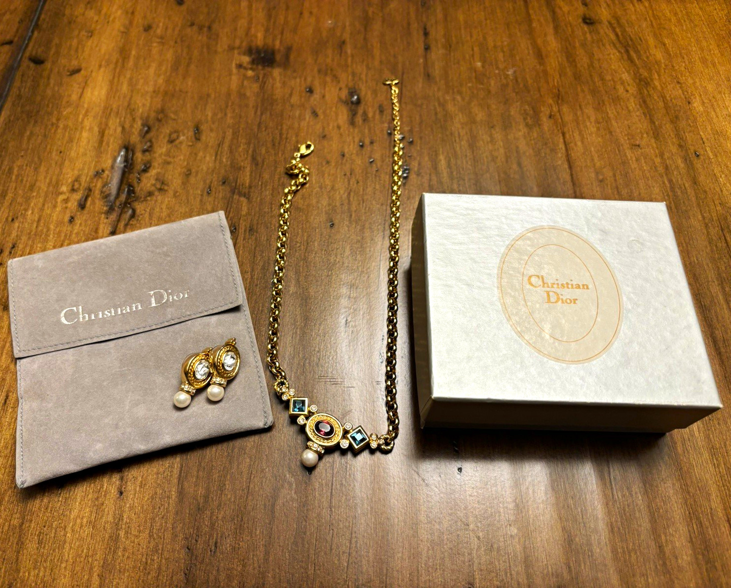 Vintage Christian Dior Multi-Stone Pearl Drop Necklace & Earrings Set Box Pouch