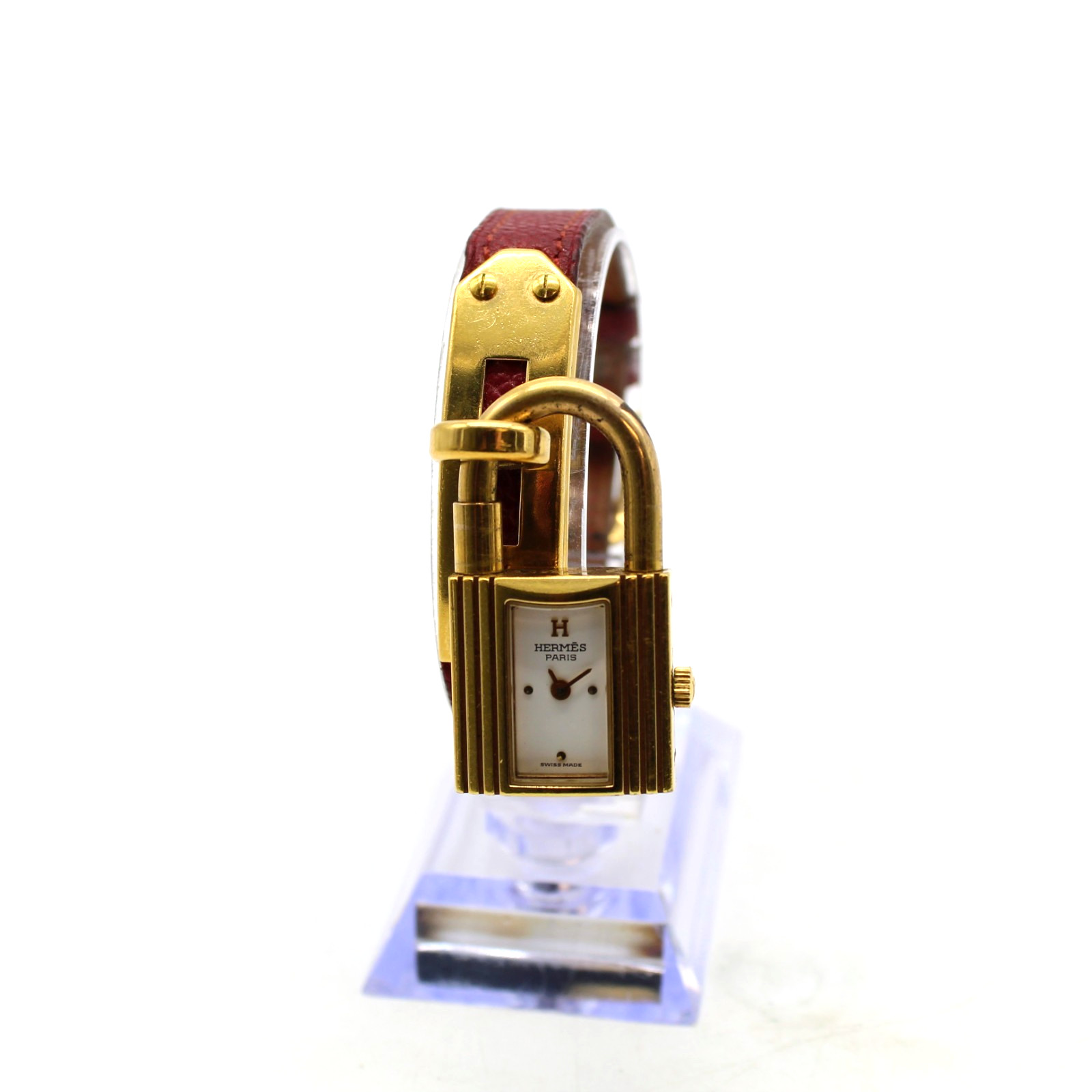 Vintage Hermes Kelly Lock Watch Gold Plated Red Leather Cadena Padlock D-173