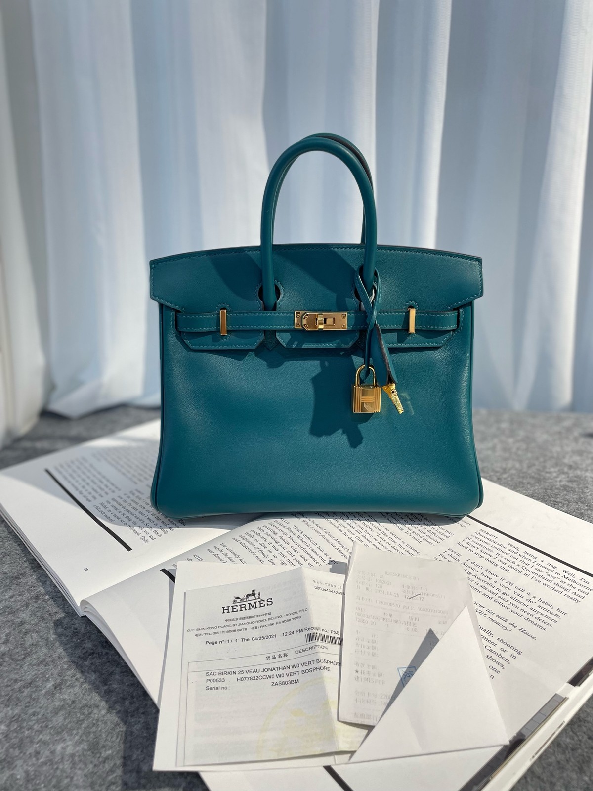AUTH Hermes Birkin 25 Vert Bosphore Green Jonathan Leather Gold HW Bag