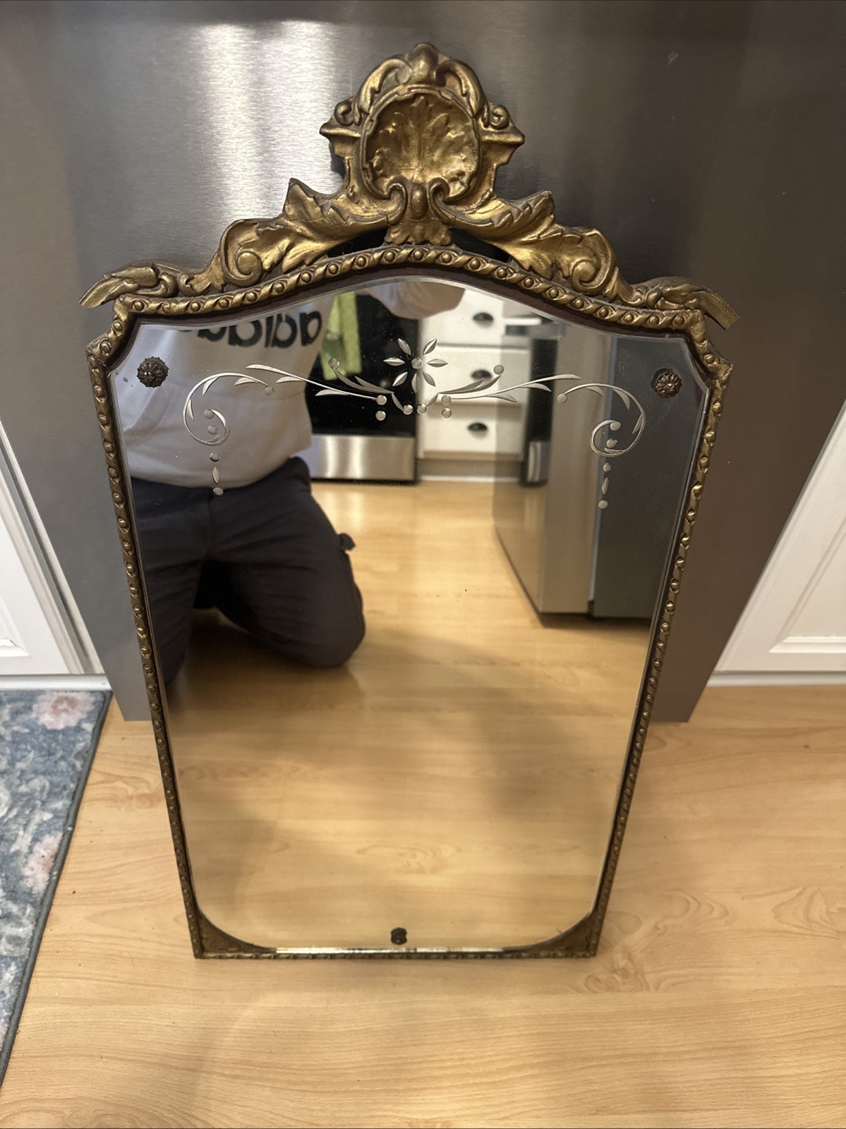 Antique 1920s Art Deco Etched Glass Wall Mirror Ornate Gold Wood Frame