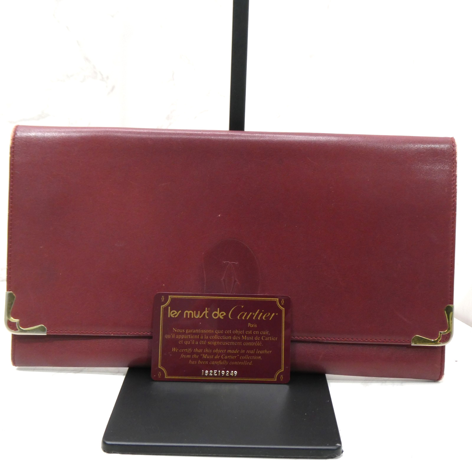 Must de Cartier Burgundy Leather Clutch Bag Vintage Gold Tone Logo 182E19249