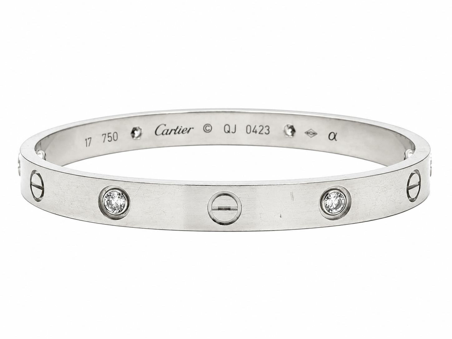 Vintage Cartier 18k White Gold 4 Bezel Diamond Love Bangle Bracelet Size 17