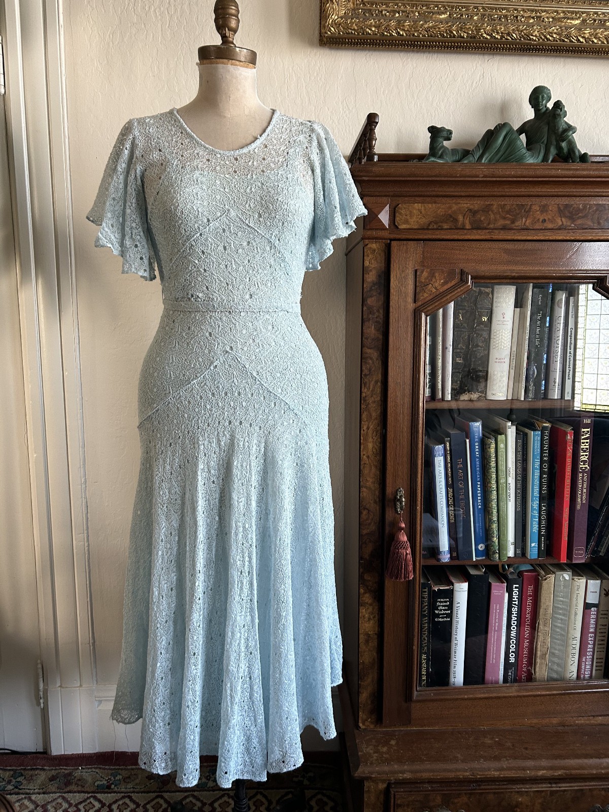 Vintage 1930s Baby Blue Lace Flutter Sleeve Bias Cut Dress 28W Romantic Gown S/M