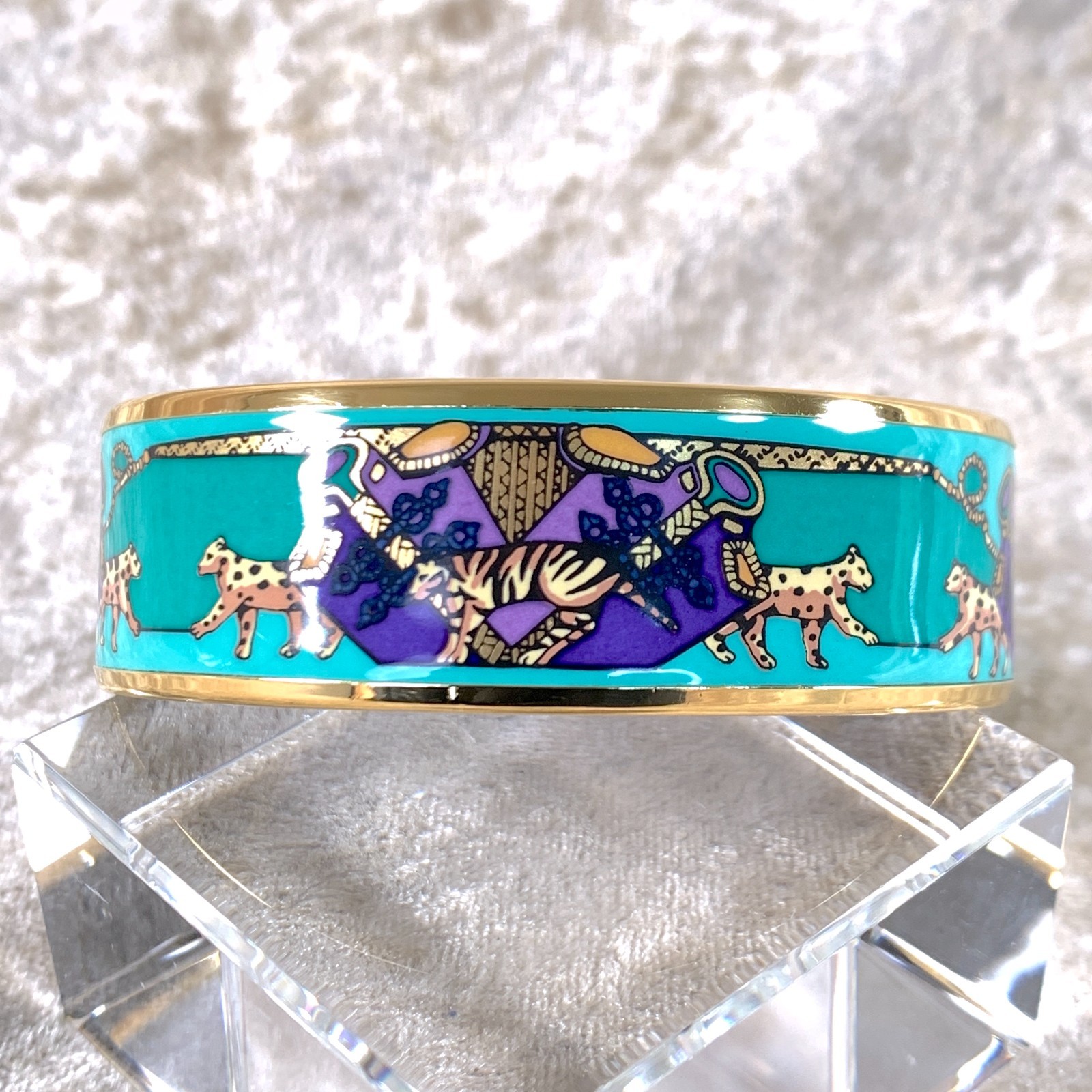 Vintage Hermes Bangle Bracelet Green Enamel Leopard Gold Rim Size 65