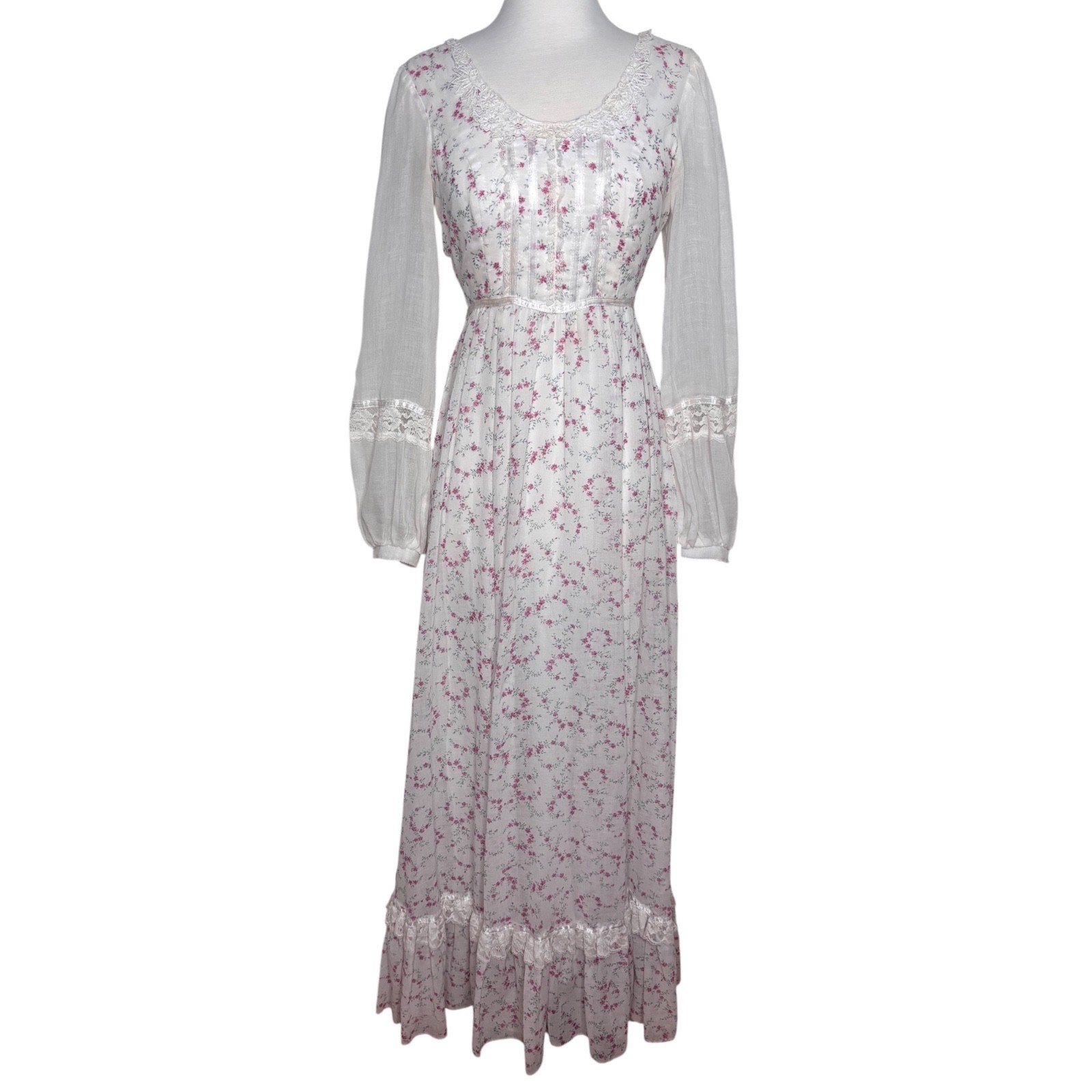 Gunne Sax By Jessica Vintage 70s White Pink Floral Prairie Maxi Dress FLAWED