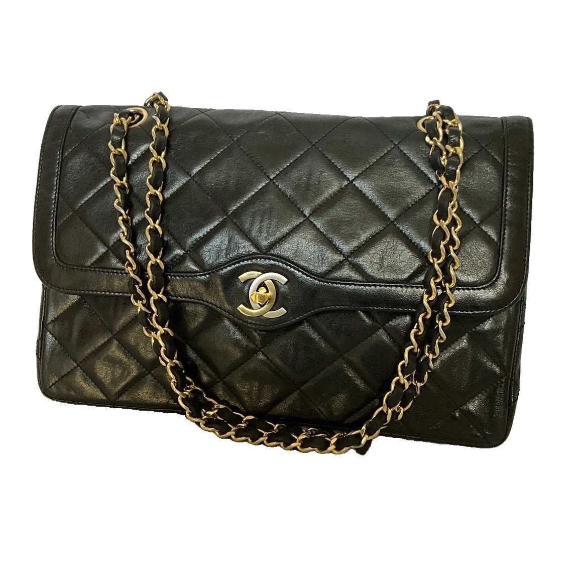 CHANEL Vintage Double Flap Bag Black Quilted Leather Gold-Tone Chain Shoulder