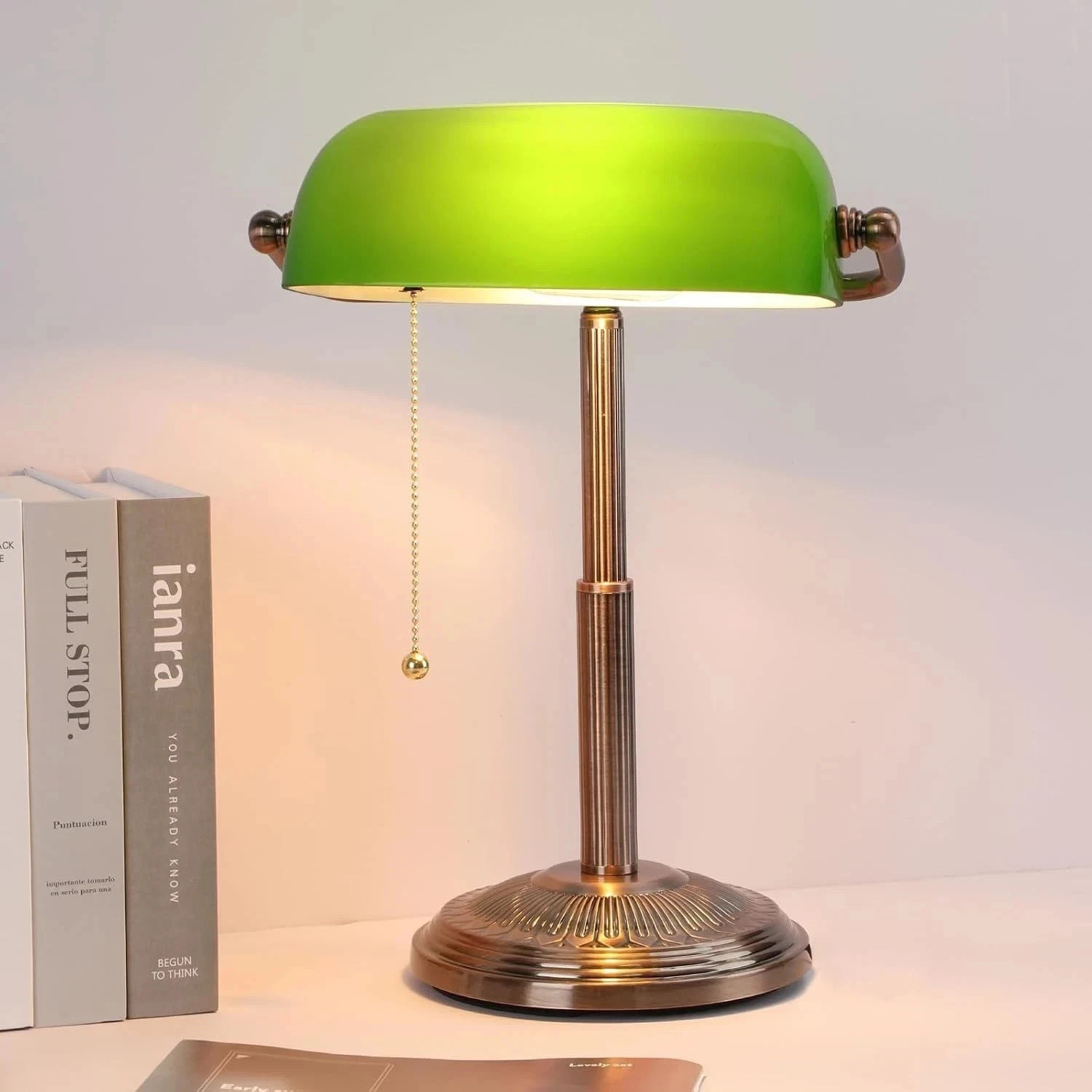 Bankers Desk Lamp, Green Glass Shade, Vintage Desk Lamp with Pull Chain Switch,
