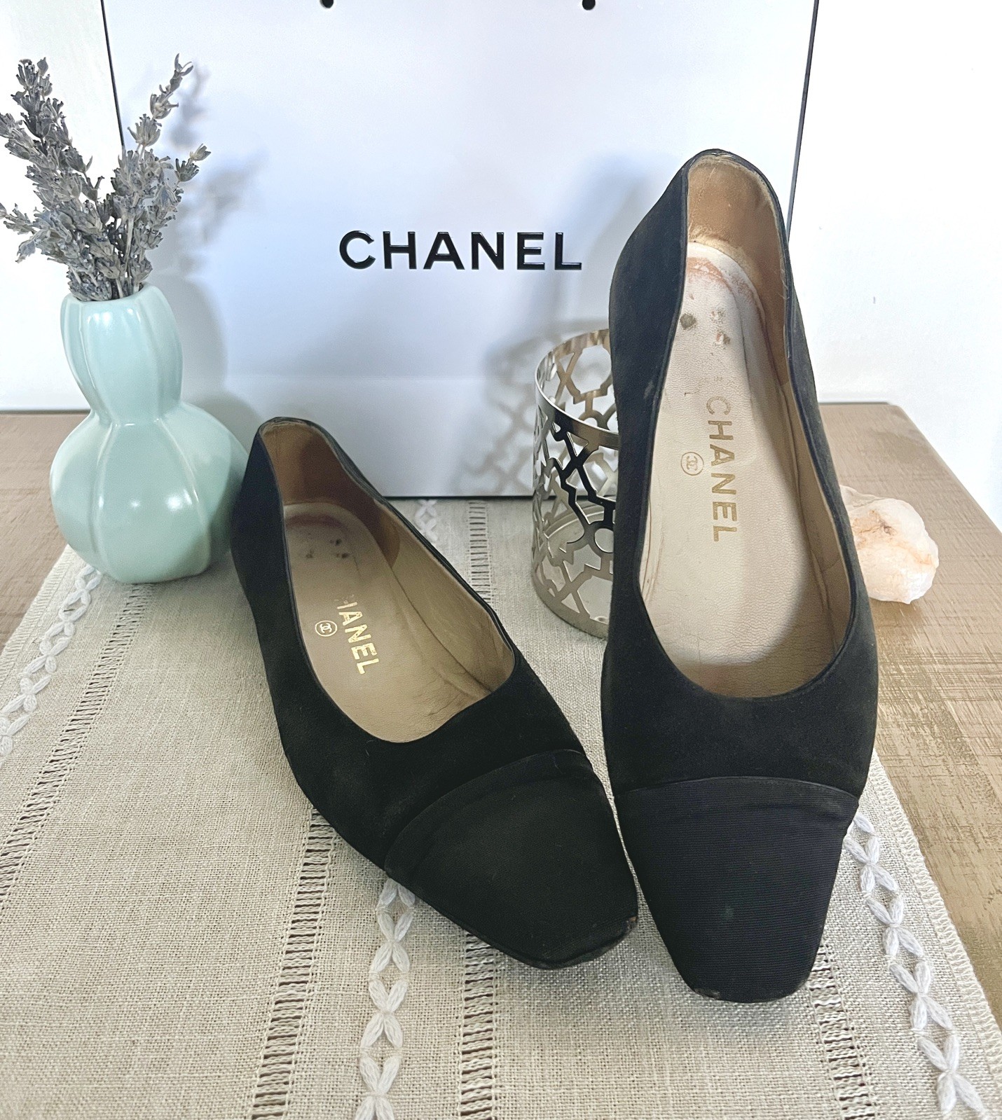 CHANEL Vintage Black Leather Suede Cap Toe Ballet Flats Shoes EU 38 See Descrip*