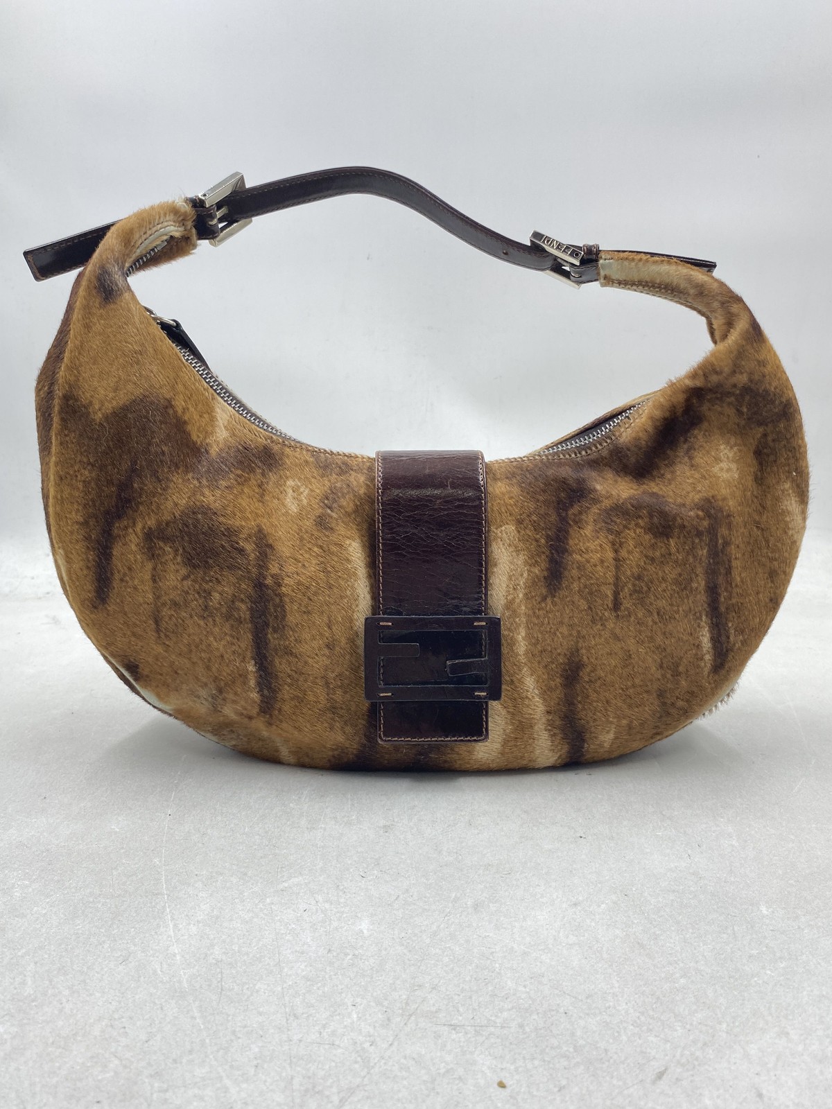 Vintage 2000s Fendi Oyster Brown Calf Hair Hobo Shoulder Bag Crescent