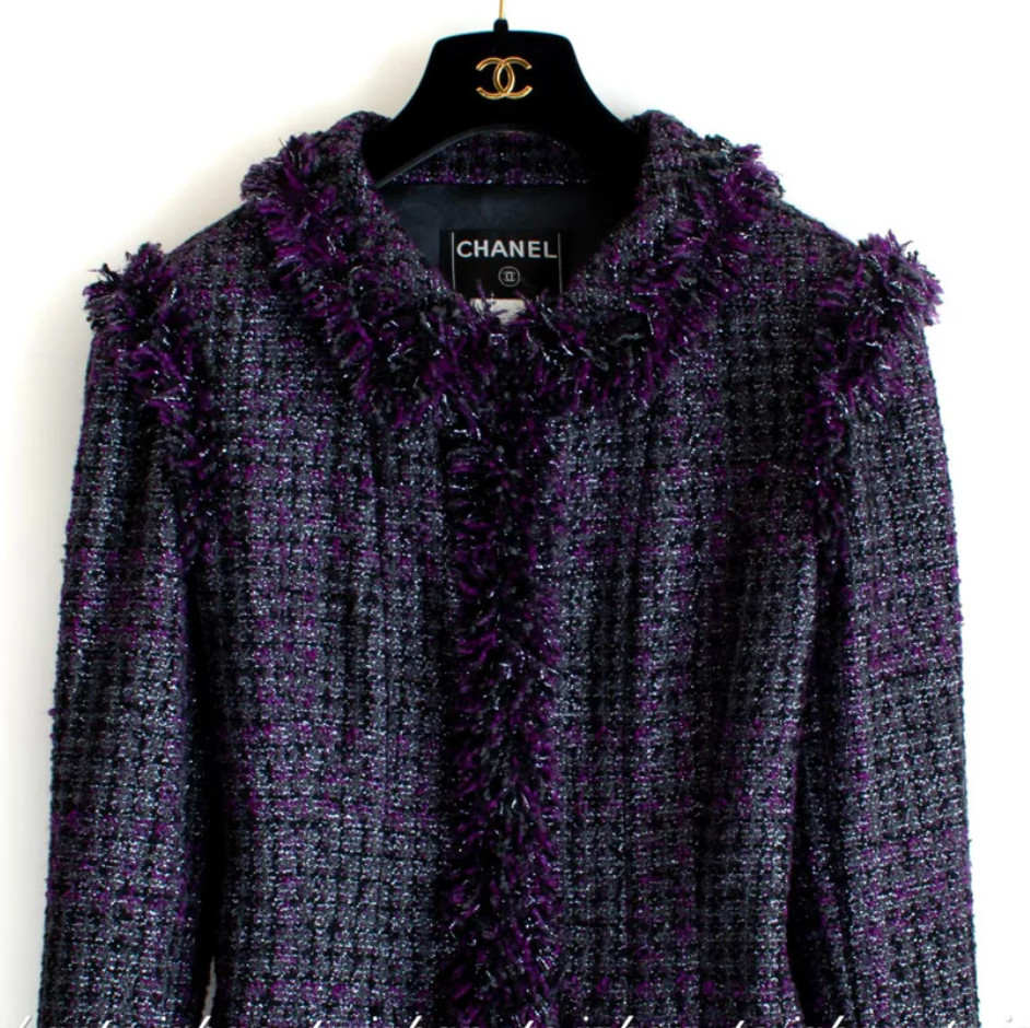 CHANEL 03A TWEED FRINGE TRIM CC LOGO PYRAMID BUTTON JACKET BLAZER FR44 US12