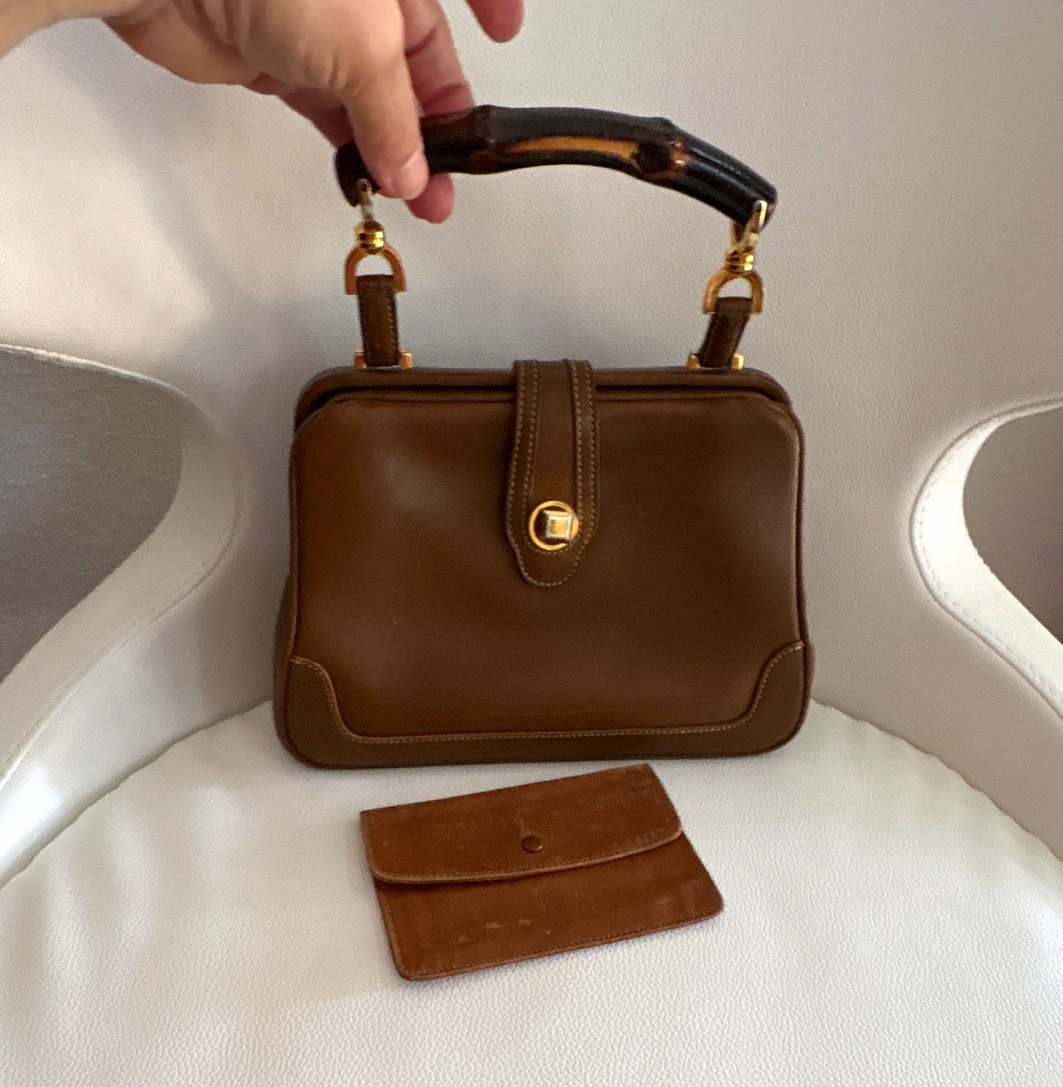 Vintage Gucci 50’sBrown Leather bamboo Top Handle Satchel Turn/Key Lock Gold