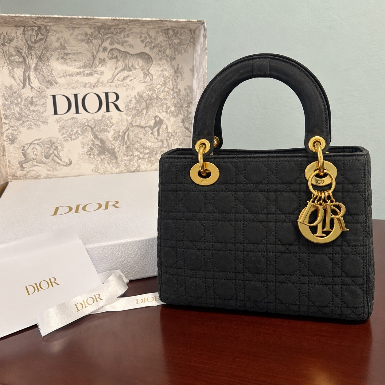 Christian Dior Lady Dior Cannage Quilted Nylon Black Handbag Gold Hardware VTG