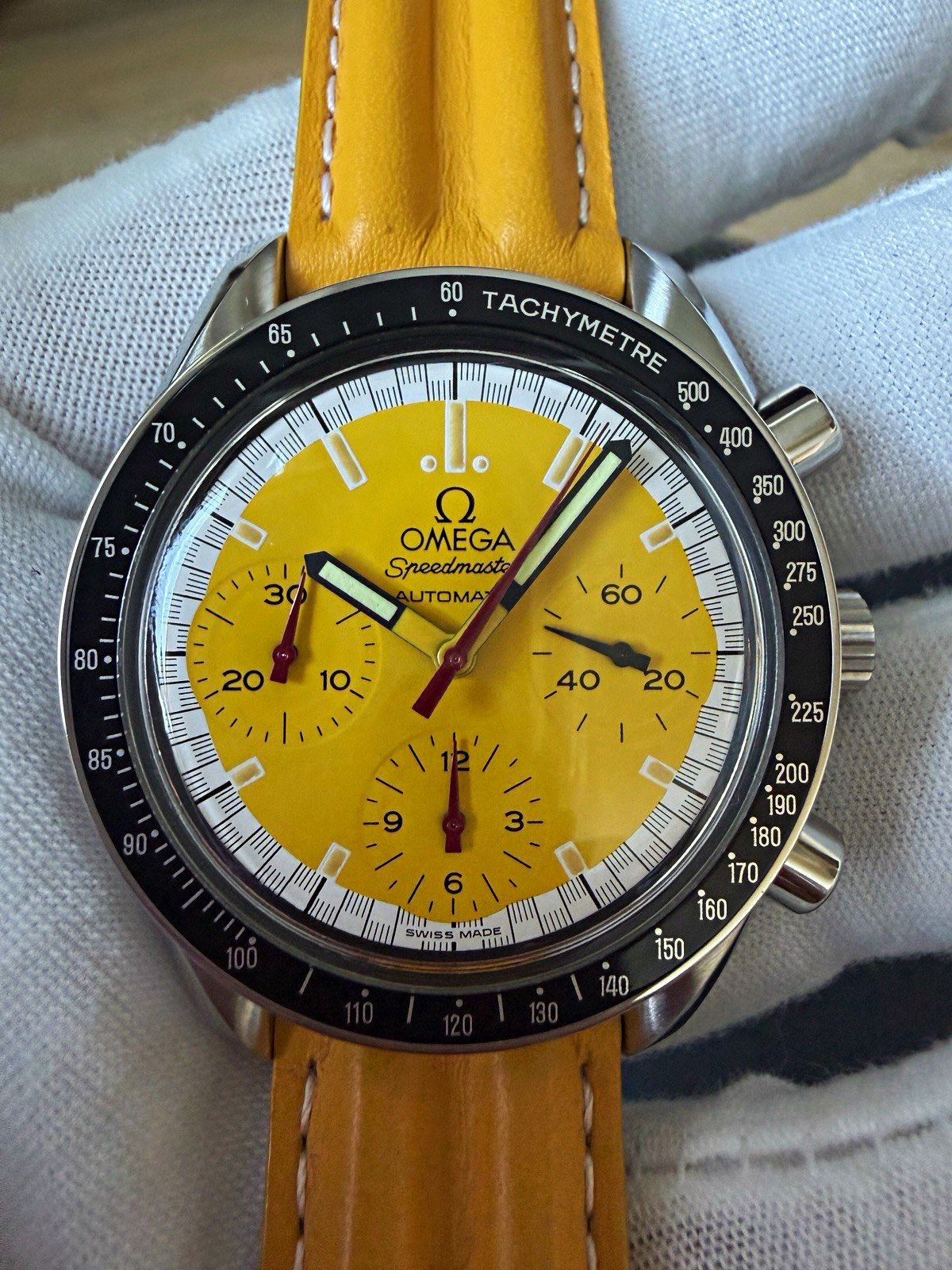 OMEGA Speedmaster Auto Chronograph Tachymeter Yellow Dial 39mm Steel Vintage