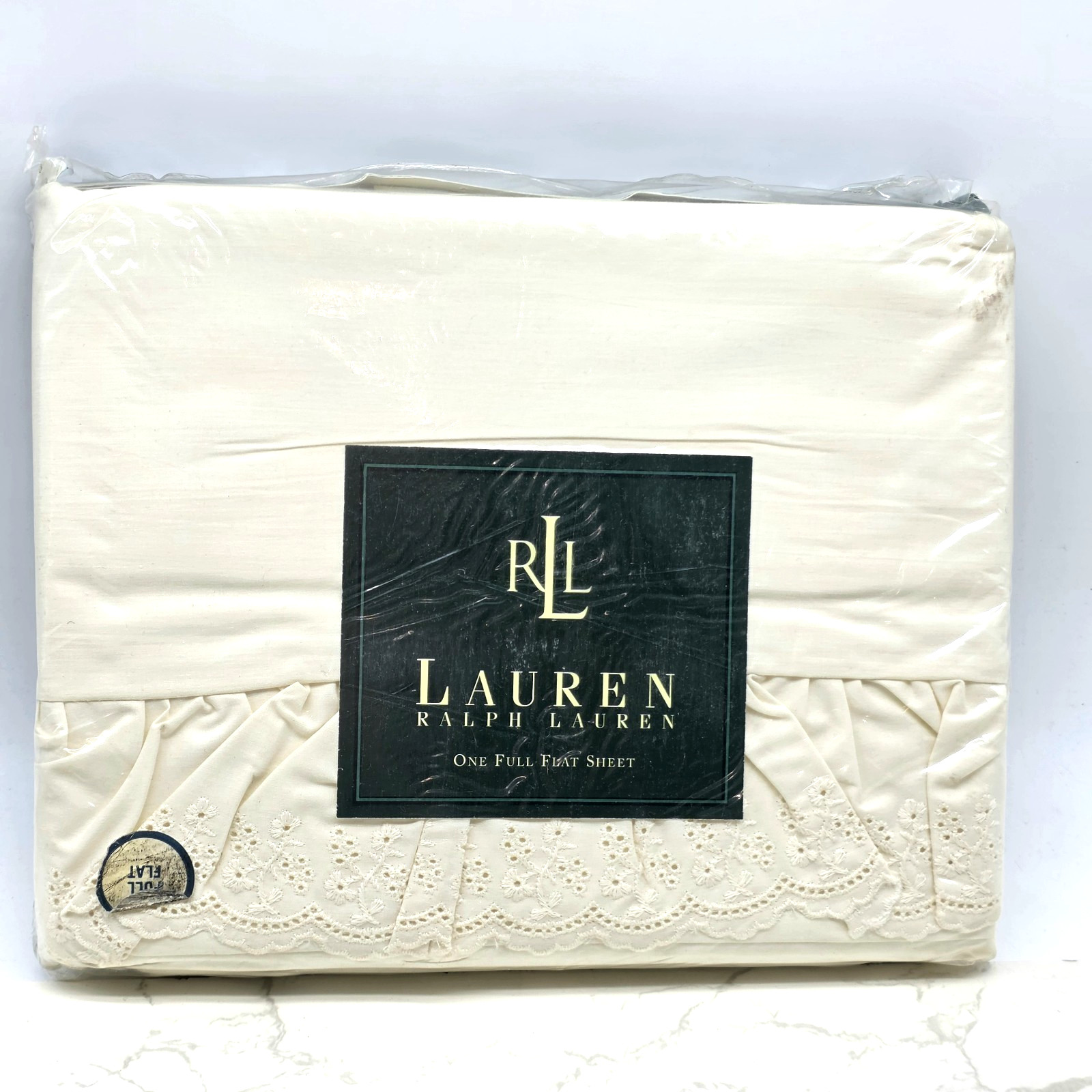 Ralph Lauren Vintage FULL Flat Sheet BROMLEY Linen Lace White Shabby Chic RARE