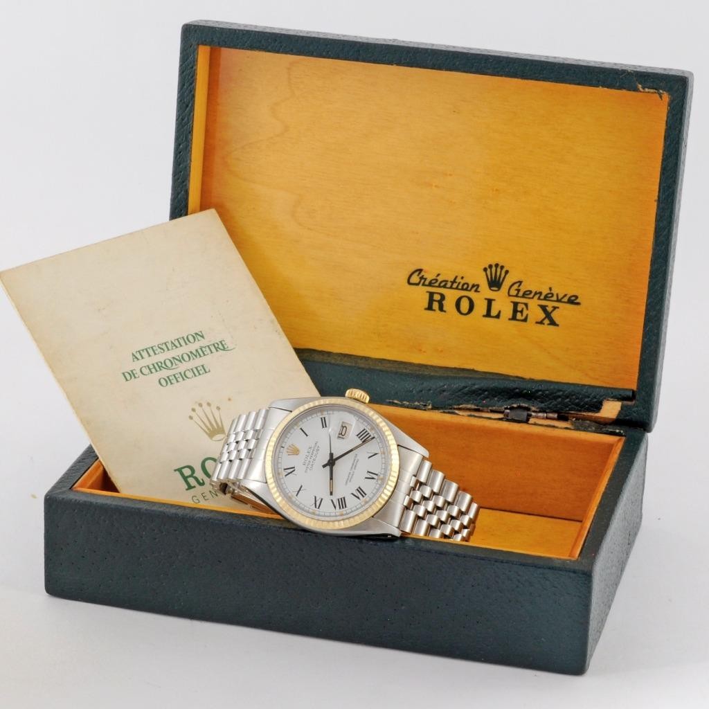 VINTAGE 1979 ROLEX DATEJUST 16013 TWO TONE WHITE ROMAN DIAL BOX PAPERS SERVICED
