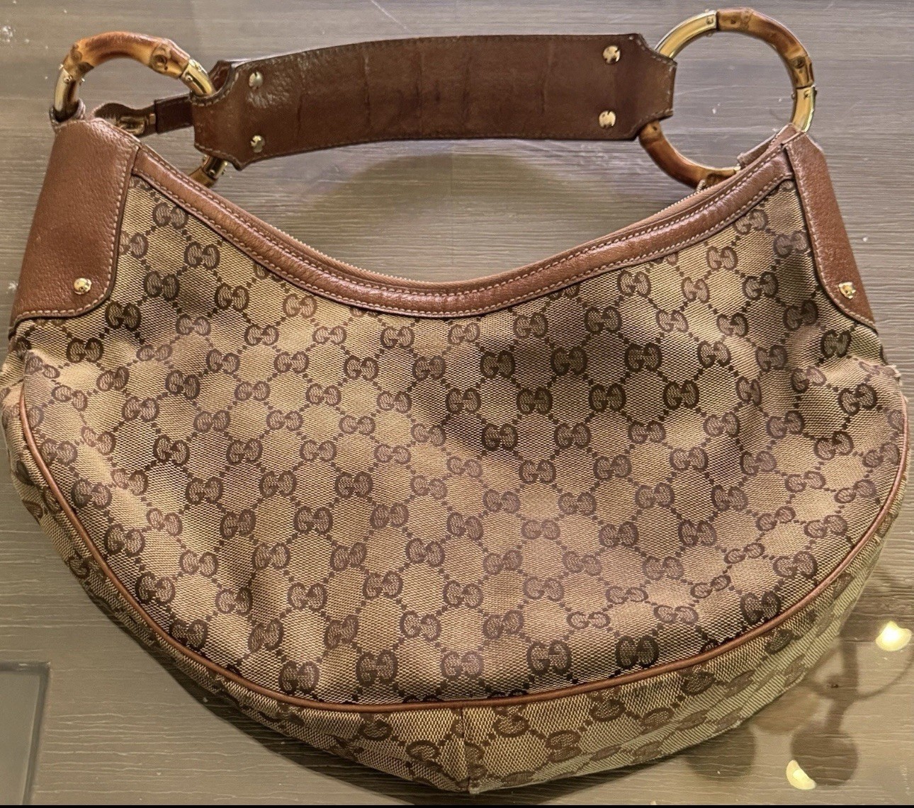 Vintage Gucci GG Canvas Bamboo Ring Hobo Bag Brown Leather Made in Italy