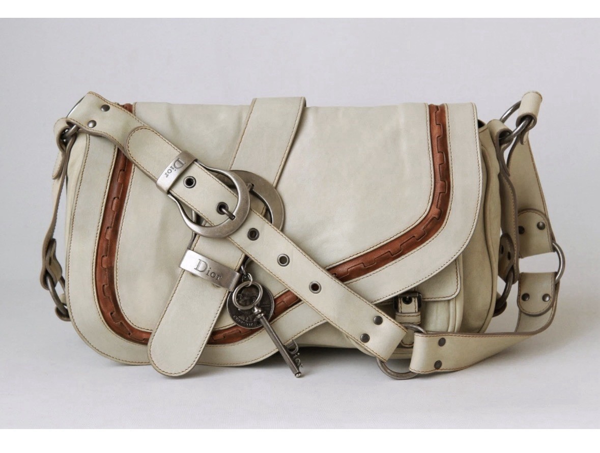Dior Gaucho Saddle Shoulder Bag Leather Beige Silver W14" Vintage Authentic